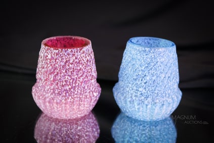 2 pc Lot Northwood Chrysanthemum Base Swirl Frit Glass Toothpick Holders