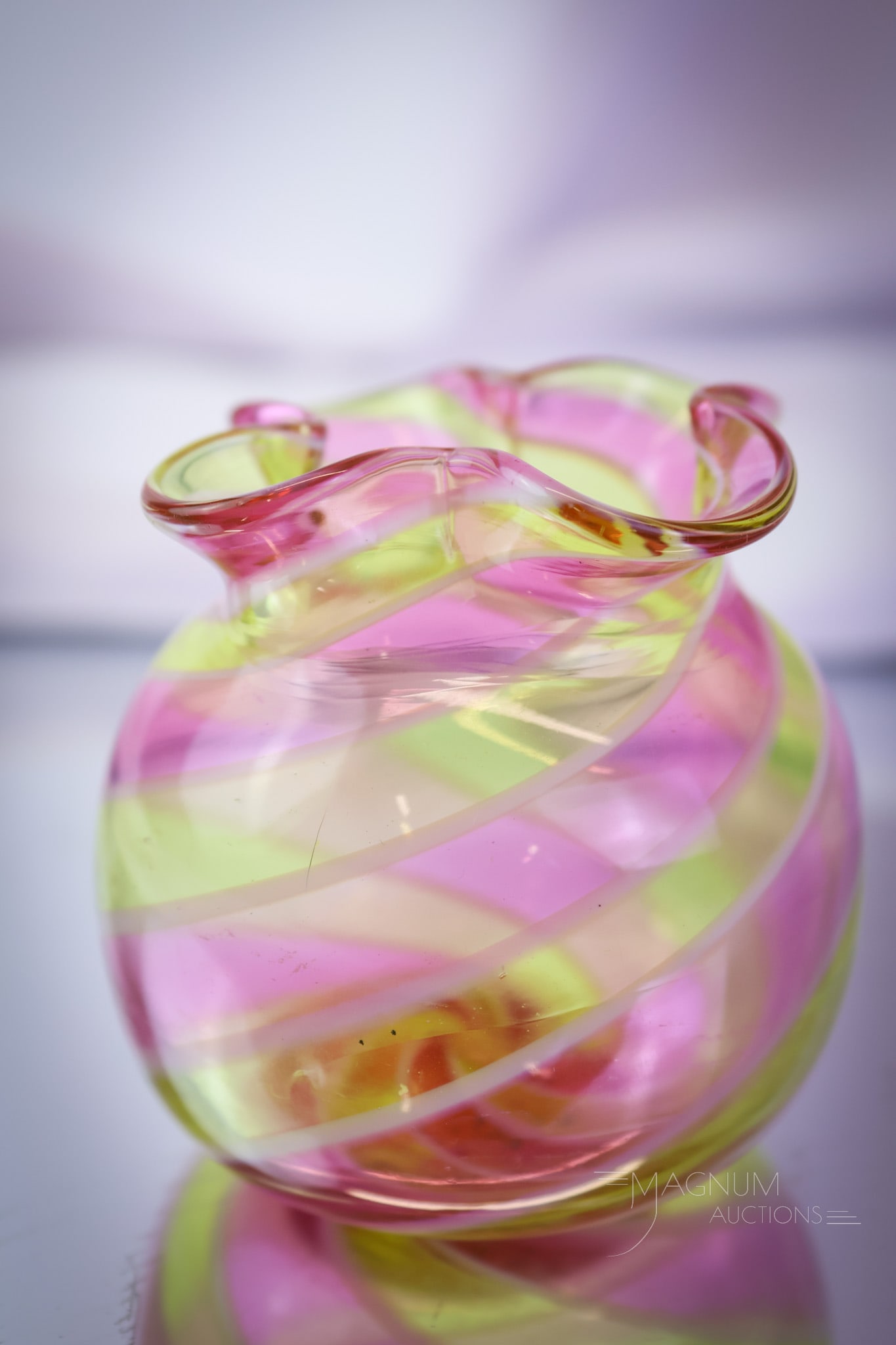 Stevens & Williams Victorian Ribbon Stripe Toothpick Holder: Always a fun find! This toothpick holder is attributed to Stevens & Williams glass. It has ribbon stripes of pink, yellow, and white. This little cutie measures 2 1/2" tall. SHIPPING NOTICE: If you ch