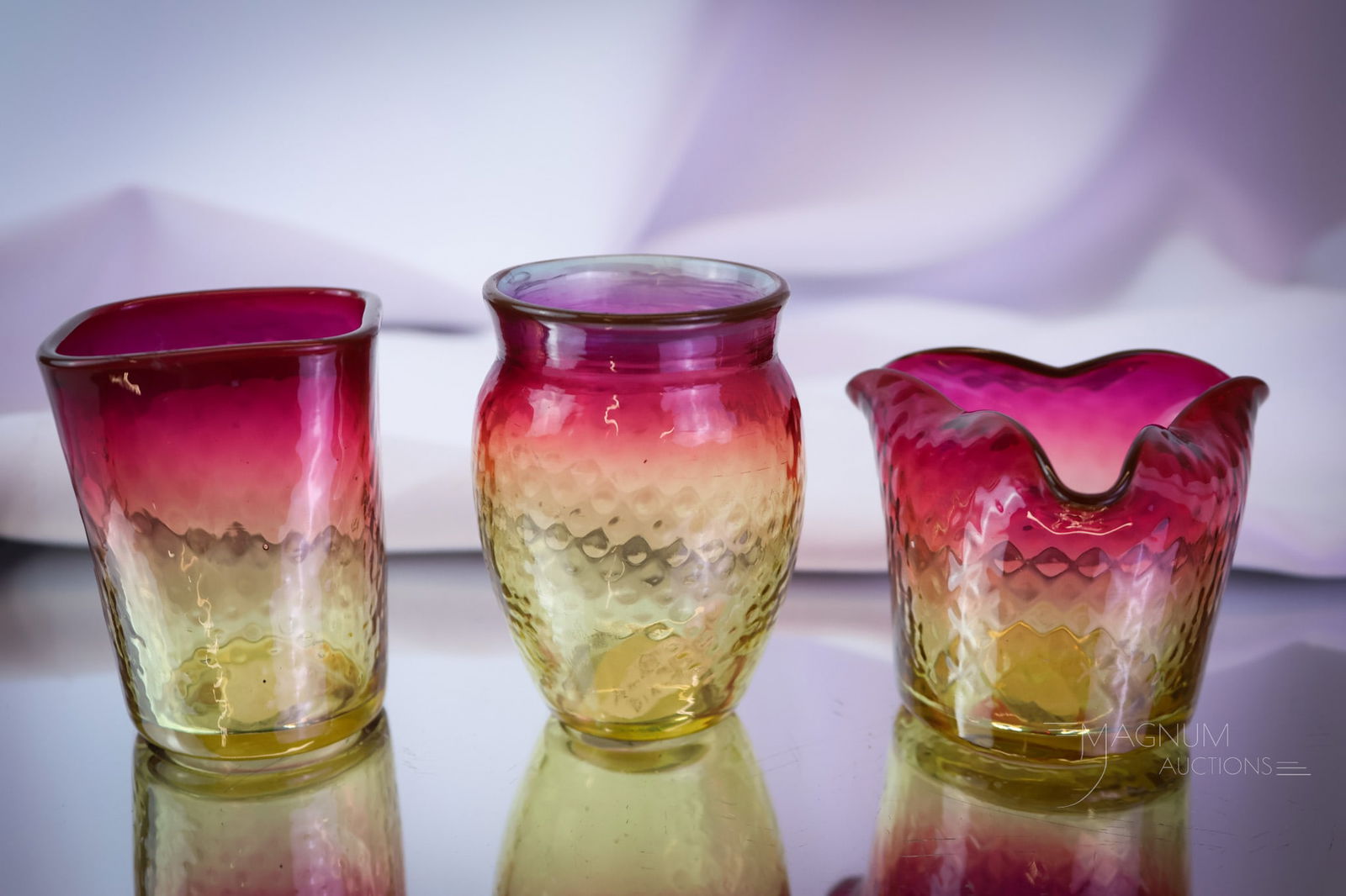 3 pc Lot Mt. Washington New England Amberina Glass Toothpick Holders: Three fine pieces of Victorian Mt. Washington & New England amberina glass toothpick holders. This lot includes a variety of shapes to please the collector. The tallest measures 2 1/2". SHIPPING NOTIC