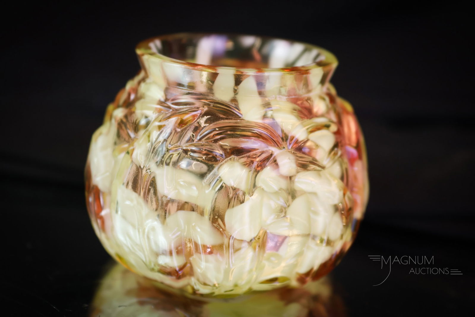 Northwood Leaf Mold Vaseline Cranberry Splatter Toothpick Holder: Always a delight when you find one. This is a Northwood vaseline and cranberry spatter Victorian glass toothpick holder. This piece has great coloring and lights up under black light. The toothpick ho