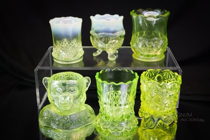 6 pc Lot Vaseline Uranium Glass Victorian & More Toothpick Holders