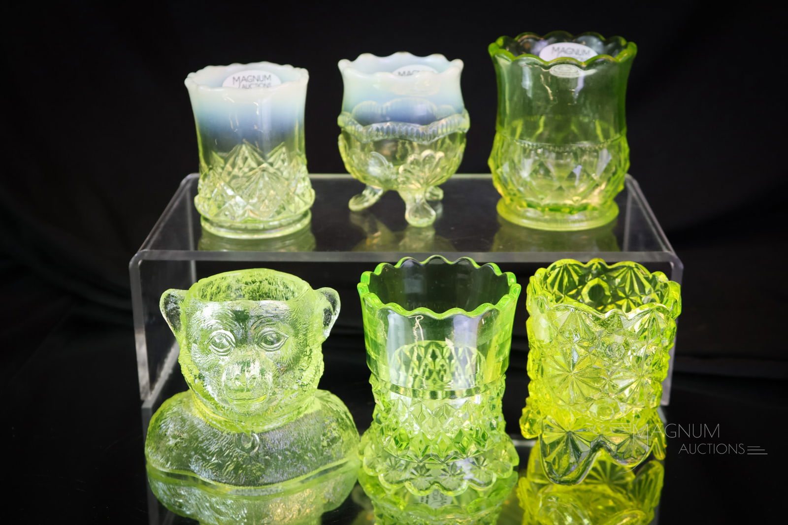 6 pc Lot Vaseline Uranium Glass Victorian & More Toothpick Holders: Six glowing finds for the Vasie and the Uranie in your life. This lot offers so much. Will you be the lucky new owner? This lot of brilliant vaseline glass toothpick holders will shine for days. The t