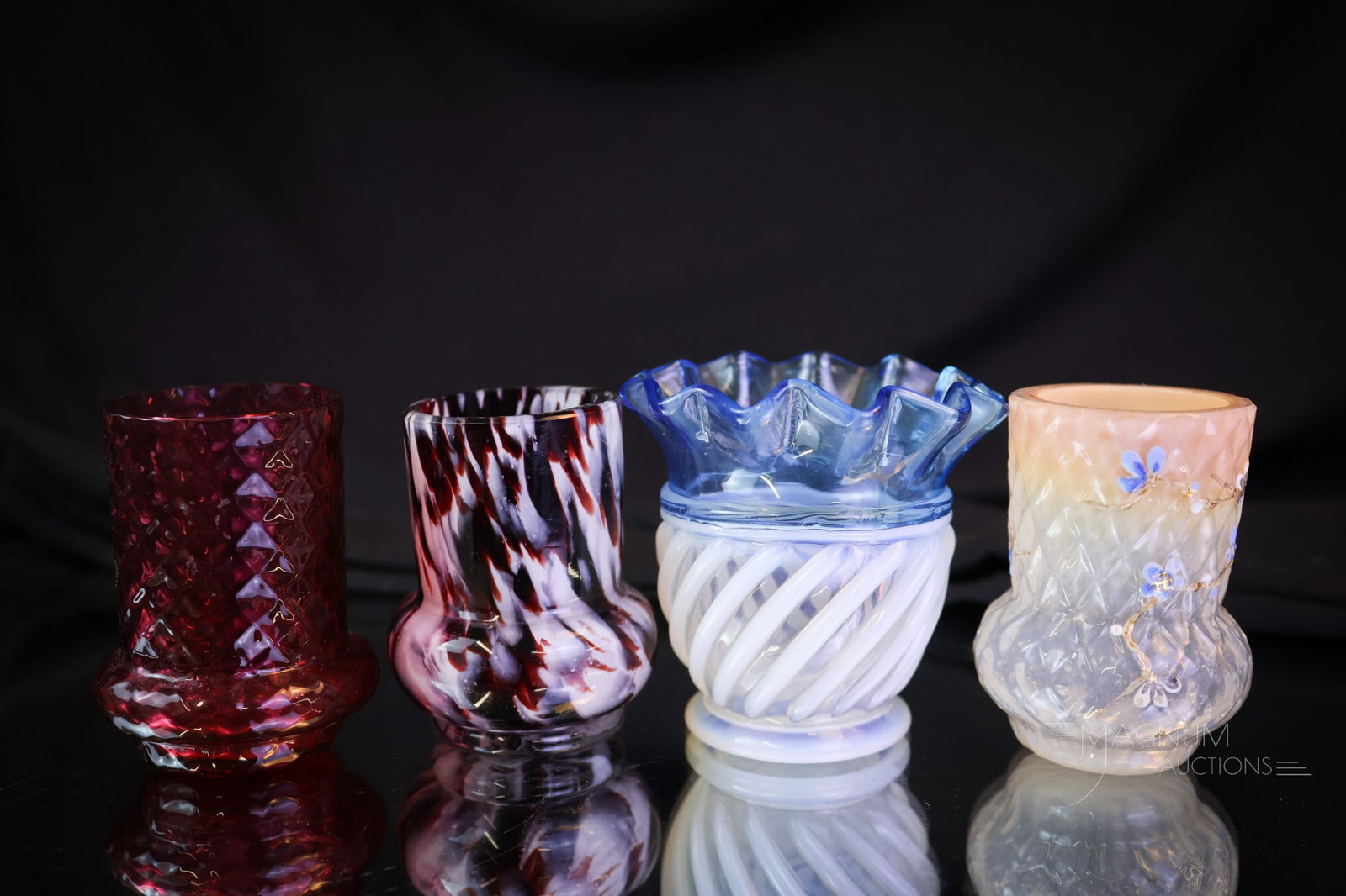 4 pc Lot Victorian Glass Toothpick Holders Opalescent Spatter & More: Four selections in toothpick holders that are sure to please. This lot offers a Blue opalescent Gonterman Swirl. A Peach opalescent diamond quilted Bulge base. A cranberry diamond quilt bulge base. Th