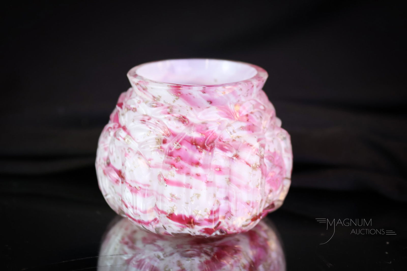 Northwood Royal Silver Leaf Mold Victorian Cranberry Spatter Toothpick Holder: A fine Northwood Leaf Mold Victorian toothpick holder. This one is in the Royal Silver coloring with cranberry on white cased glass with mica inclusions. This one has great coloring. The piece measure