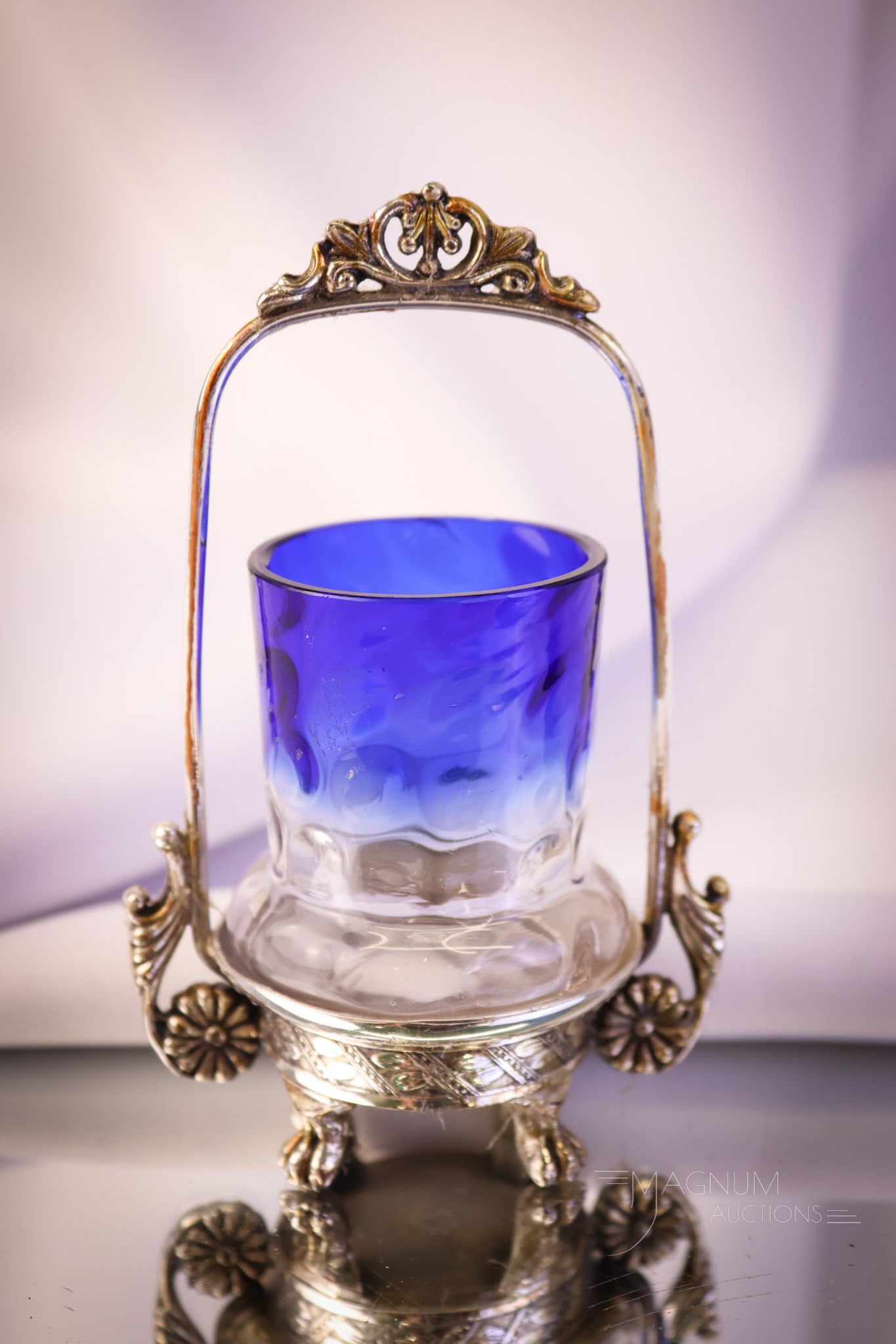 Aurora Silverplate Victorian Bluerina Glass Toothpick Holder: A nice find in a Victorian toothpick holder. This is a bulge base example in bluerina glass. The holder is marked Aurora silverplate. It measures 4 1/2" tall. SHIPPING NOTICE: If you choose not to uti