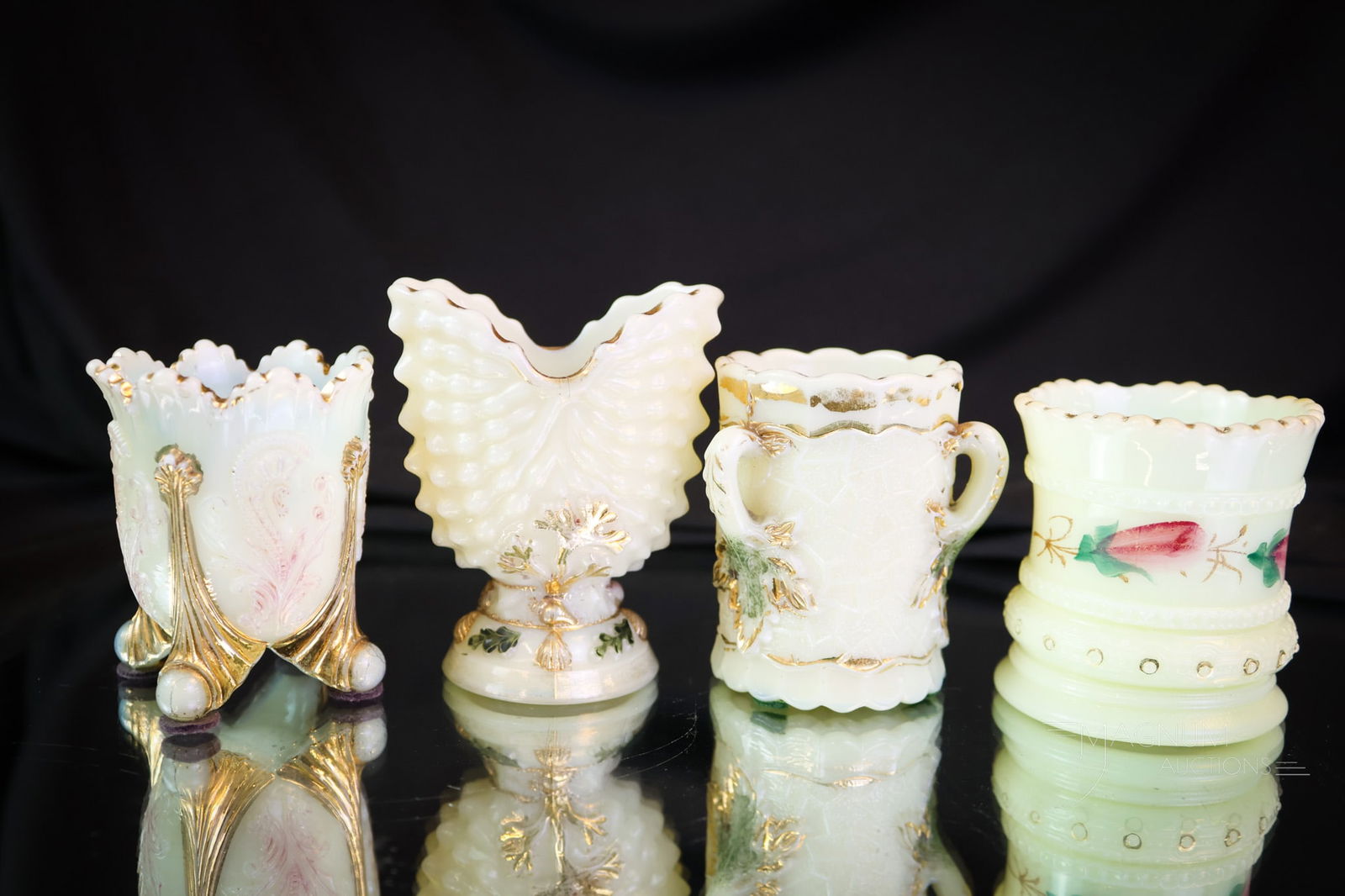 4 pc Lot Victorian Custard Glass Toothpick Holders Northwood & Heisey: Four delights in glowing custard glass toothpick holders. This lot offers three Northwood and one Heisey. All are decorated collection-enhancing examples. The tallest measures 3". SHIPPING NOTICE: If