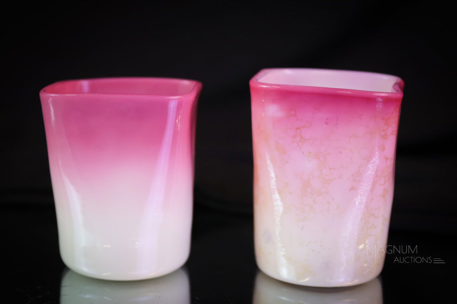 2 pc Lot New England Victorian Glass Peachblow Toothpick Holders Agata & More: Two fine examples of Victorian New England Glass toothpick holders in peachblow glass. One has the added glory of Agata staining. Each measures 2 1/4" tall. SHIPPING NOTICE: If you choose not to utili