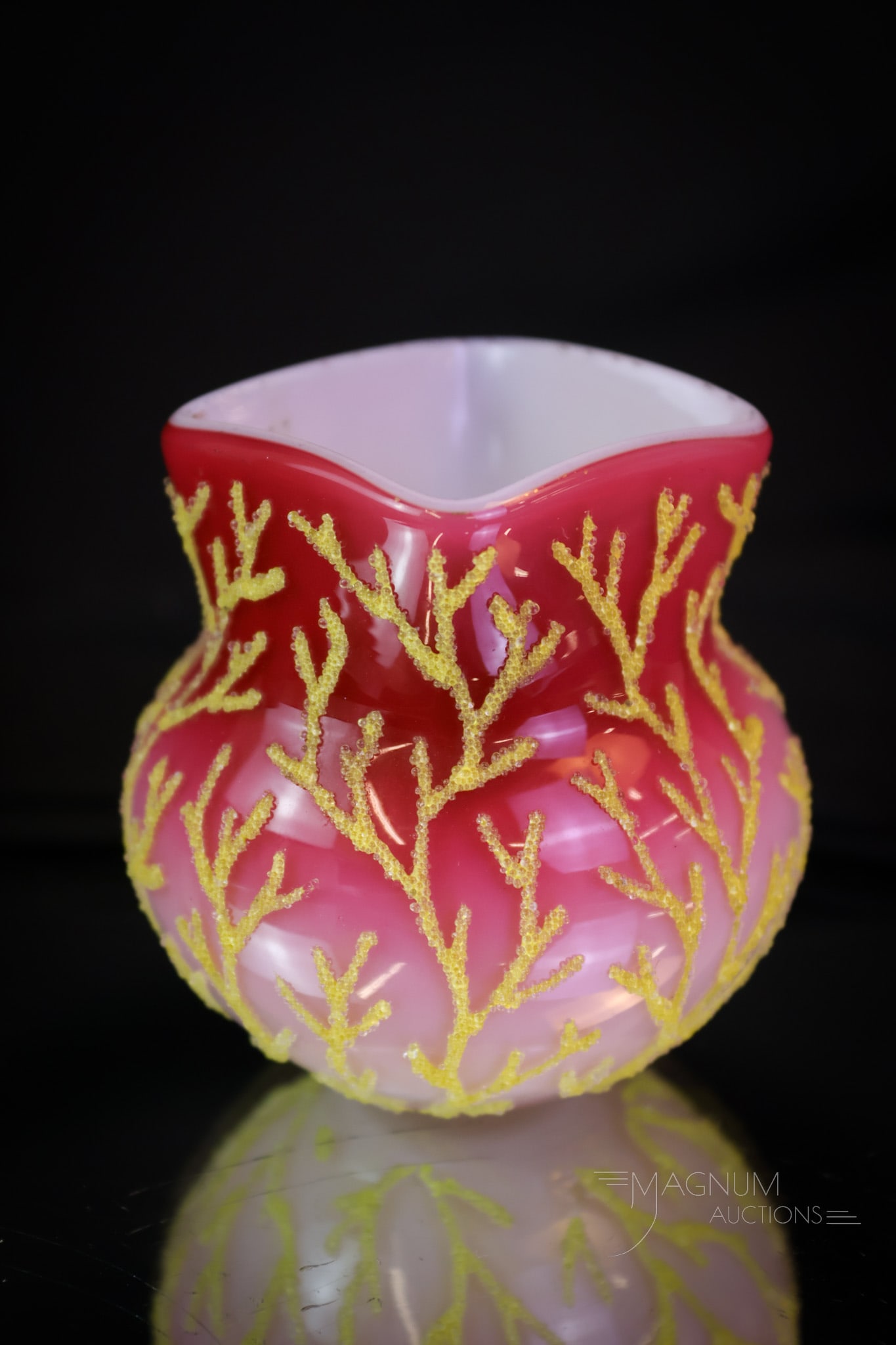 Rare Victorian Webb Peachblow Uranium Coralene Glass Toothpick Holder: A rare find in a Victorian toothpick holder. This is a Webb peachblow with yellow coralene decoration. This piece is rich in uranium content. It lights up under black light. This beautiful and rare to