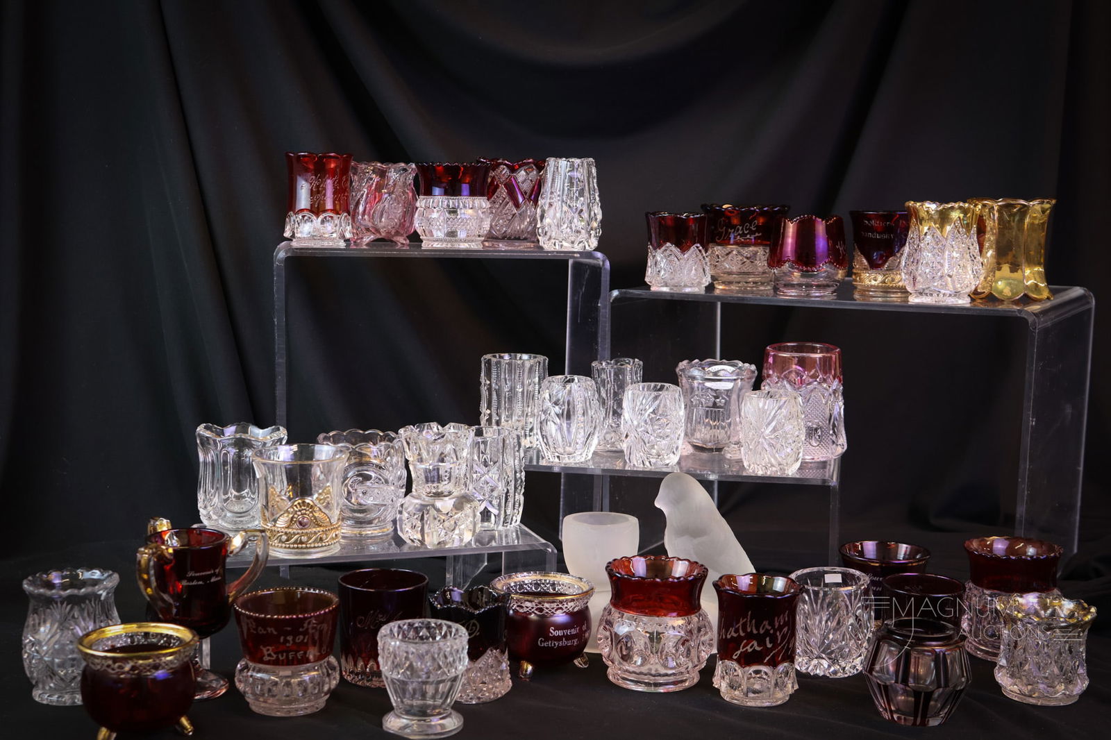 40 pc Lot Victorian Glass Toothpick Holders Ruby Stained & More: Forty fine finds in Victorian glass toothpick holders. Each is in a realm of beauty to its own. This lot includes ruby and rose-stained examples. Some are clear with gold. Some are just clear. Will yo