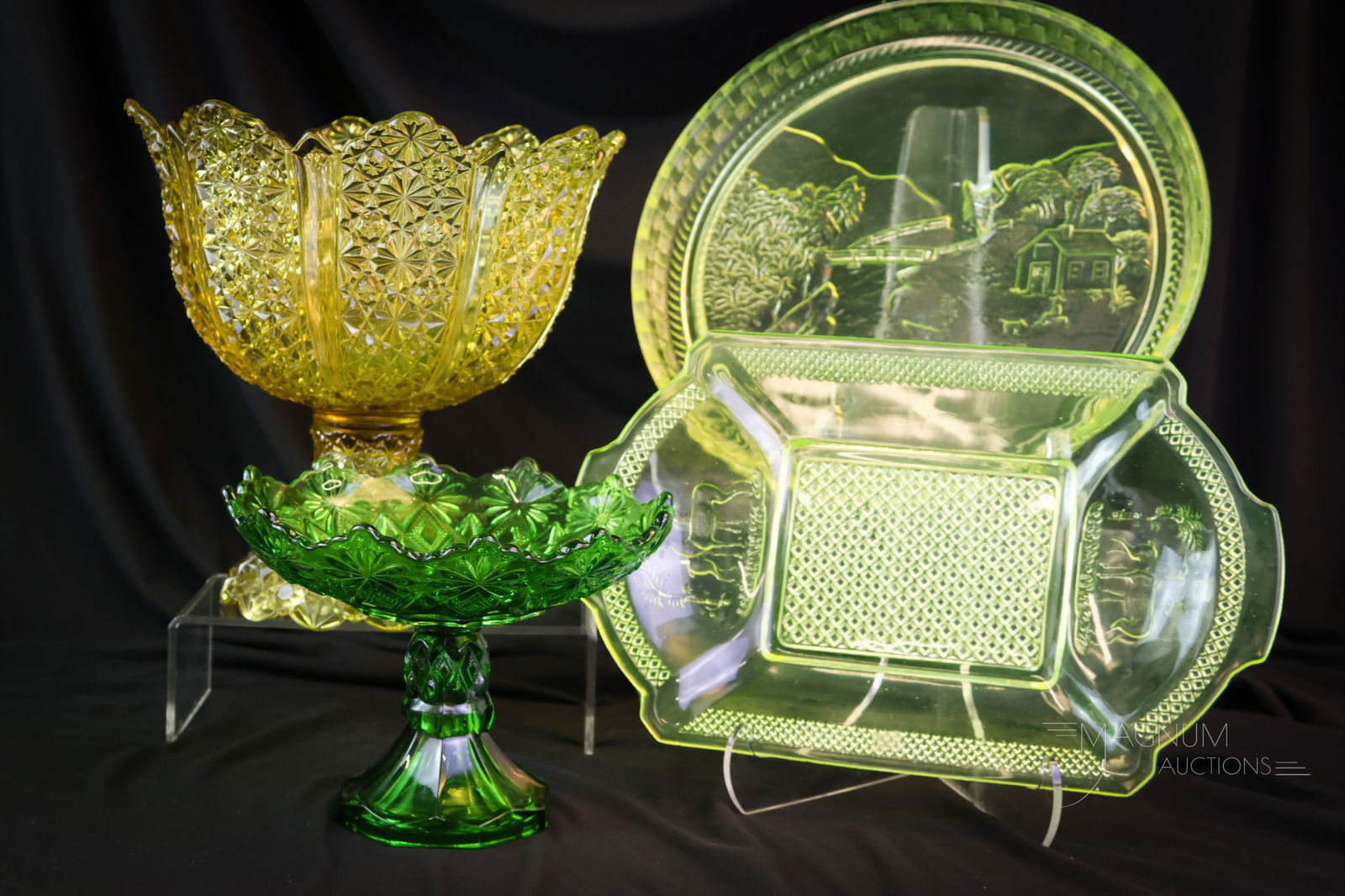 4 pc Lot Early American Pattern Glass Vaseline & More: Four unique finds in Victorian Early American Pattern Glass. This lot includes green Shoshone compote. A Duncan Ellrose Compote in amber. A vaseline Deer & Pine Tree tray. Lastly, there is a vaseline