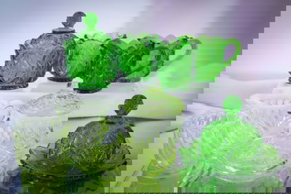 9 pc Lot Victorian Children's Glass Vaseline Albany Opalescent & U.S. Glass