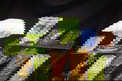 10 pc Lot EAPG Victorian Pattern Glass Vaseline Greentown & More