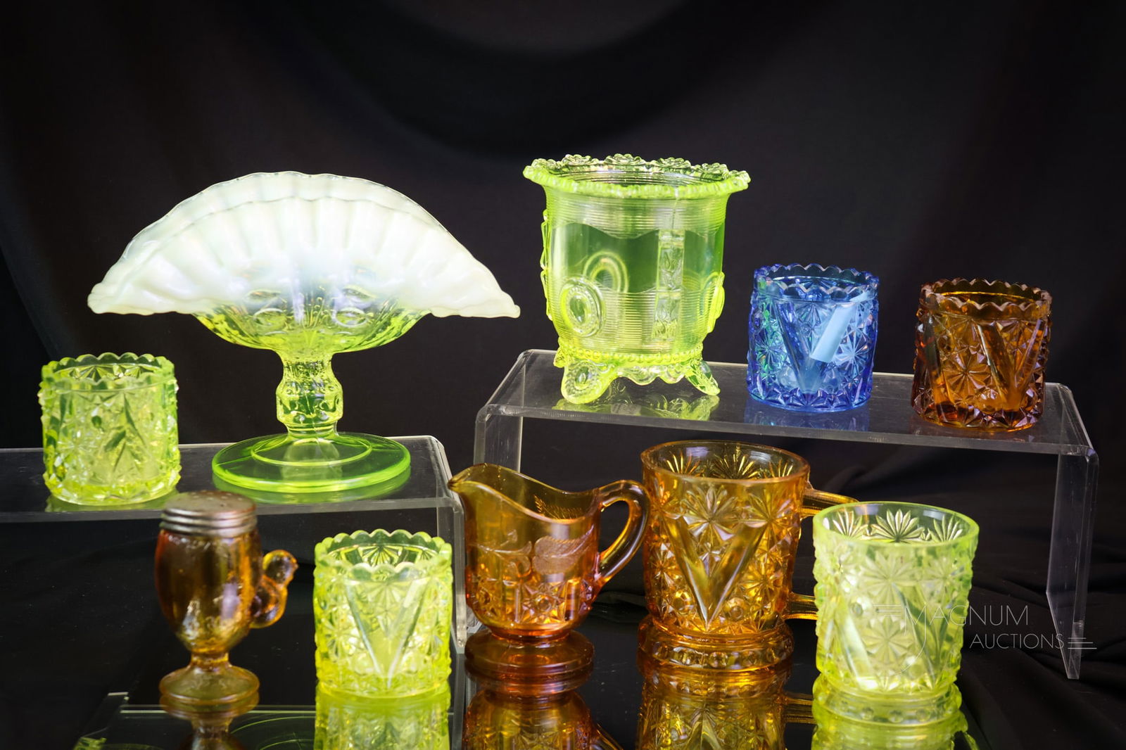 10 pc Lot EAPG Victorian Pattern Glass Vaseline Greentown & More: Ten unique finds in Victorin EAPG pattern glass. This lot has so much to offer. Some Shiner lovin' finds for the Vasie Christmas gift and the curio alike! The tallest measures 5". The Dewey spooner ex