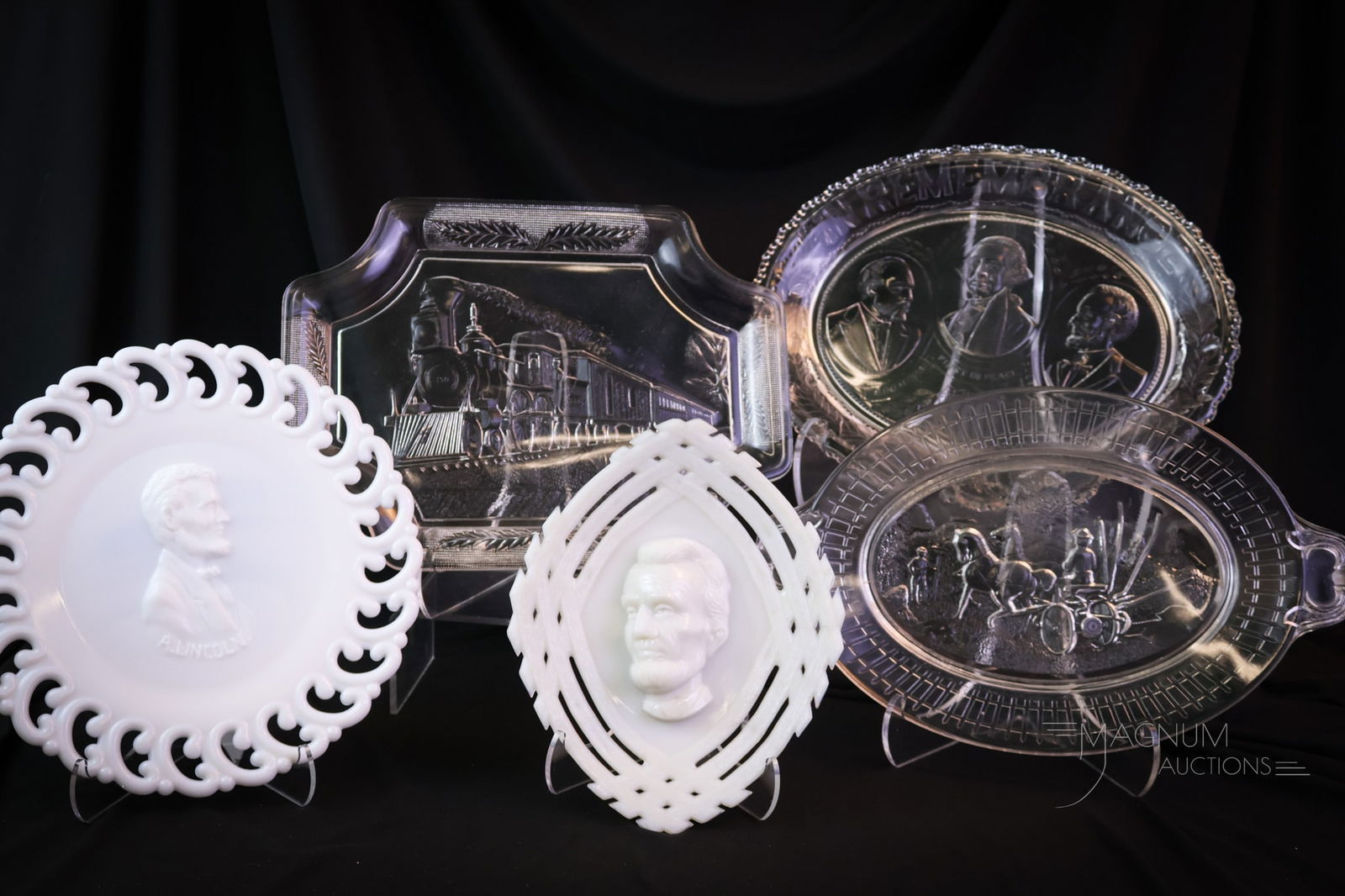 5 pc Lot EAPG Victorian Pattern Glass Trays/Platters: Here's a lot of five Victorian EAPG pattern glass platters or trays. Two are opal milk glass "Abe Lincoln" examples. One is a clear Horse and Plow. A clear train. Lastly, there is a "Remembrance" pres