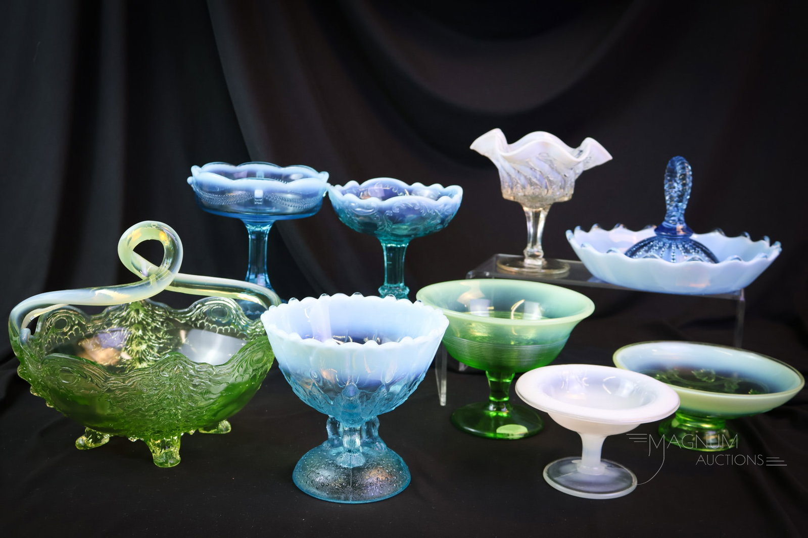 9 pc Lot Opalescent Victorian Glass Vaseline Blue Green Jefferson Northwood & More: Nine selections in Victorian opalescent glass. This lot includes an array of colors including Shiner lovin' vaseline, green, blue, and more. Makers includes Jefferson and Northwood. The tallest measur