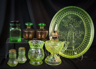 8 pc Lot "Drama in Vaseline Glass Collecting"