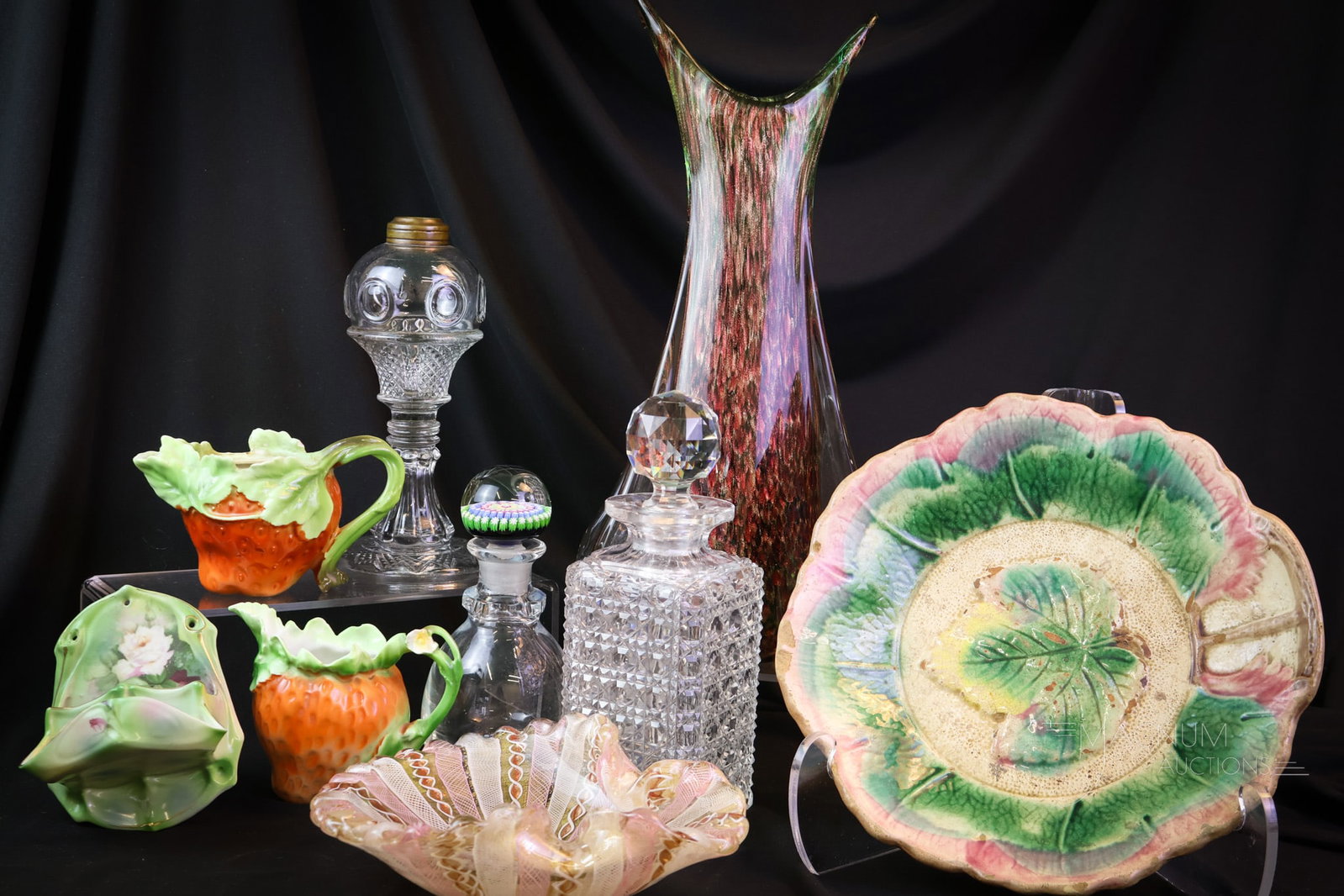 9 pc Lot Treasure Trove of Collectible Glass & More: A treasure trove of collectible glass and more in this lot of nine pieces. This lot includes three pieces of Royal Bayreuth. A whale oil lamp. A Victorian English cut decanter with a cut faceted stopp
