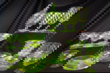 14 pc Lot Depression Era Vaseline Glass