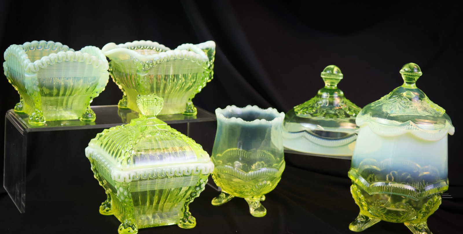 6 pc Lot Northwood Albany Vaseline Opalescent Glass: Six desirable finds in Victorian vaseline opalescent glass. This lot includes Northwood and Albany glass opalescent pleasures. The tallest measures 8". SHIPPING NOTICE: If you choose not to utilize th