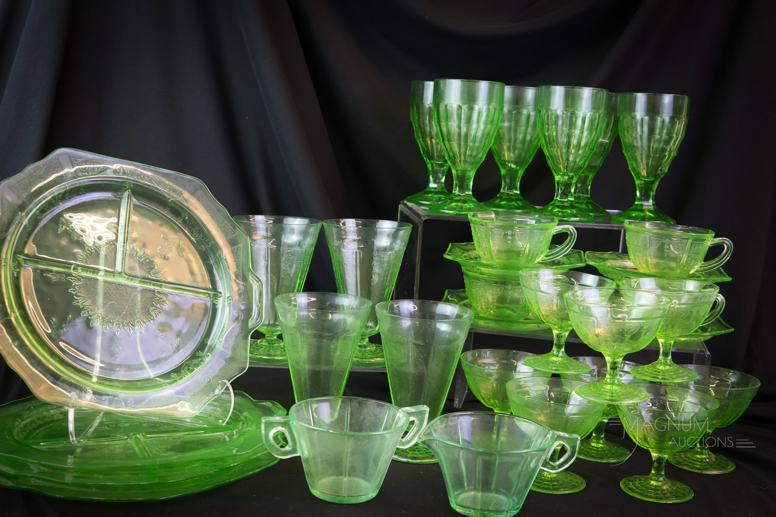 32 pc Lot Uranium Green Depression Glass Princess in Original Box & Block: Thirty-two delightful finds in uranium-rich green Depression glass. There is a 16 pc set of Princess pattern in the original box. There's also a set of eight Princess sherberts. All of this, along wit