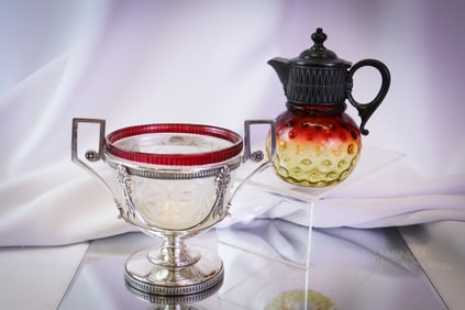 2 pc Lot Mt. Washington Victorian Glass Amberina & Peppermint Stick