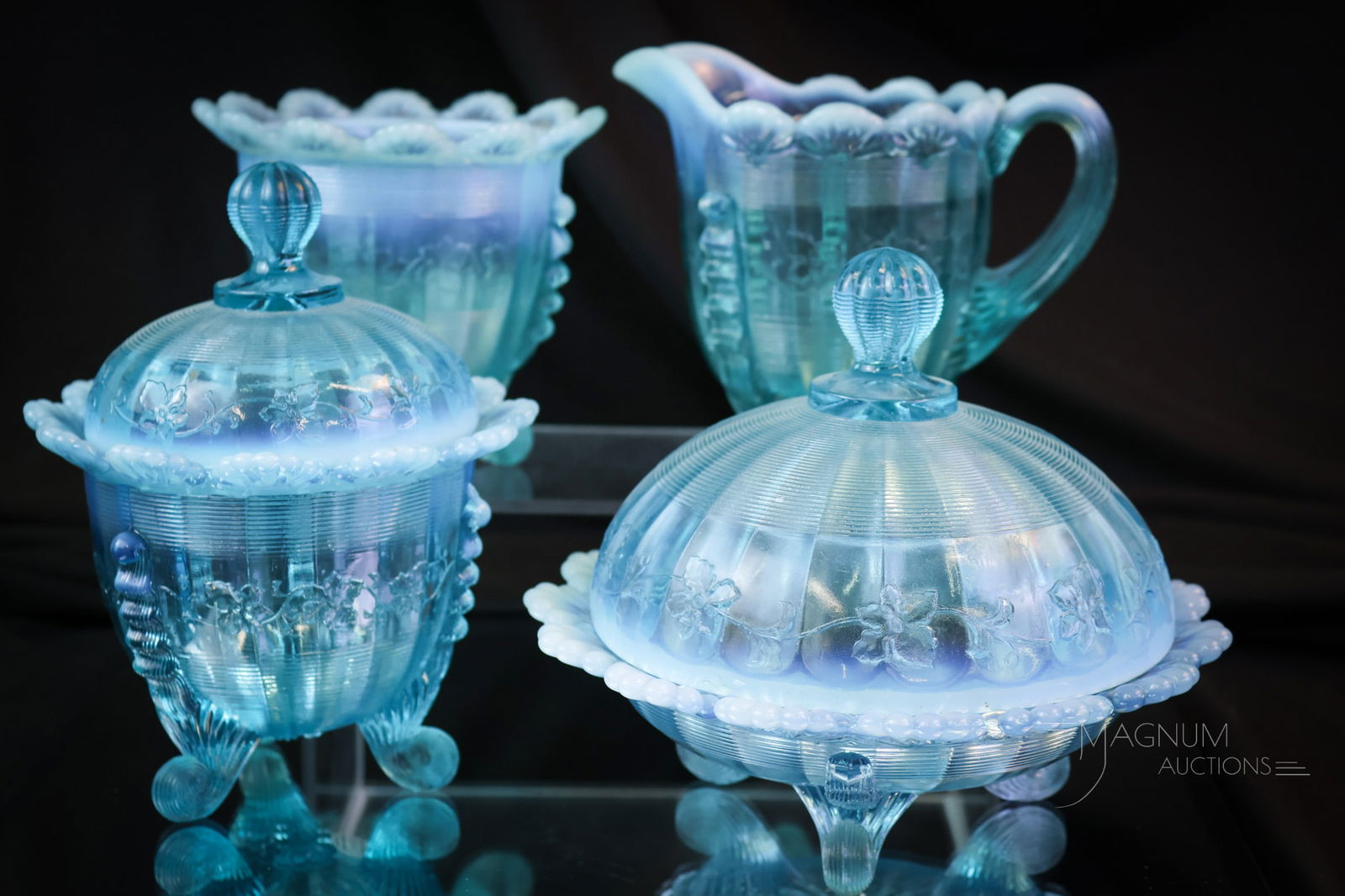 4 pc Northwood Blue Opalescent Klondyke Victorian Table Set: Brilliant blue opalescent Victorian glass table set in the Klondyke pattern. What a lovely set. The tallest of the set measures 7".