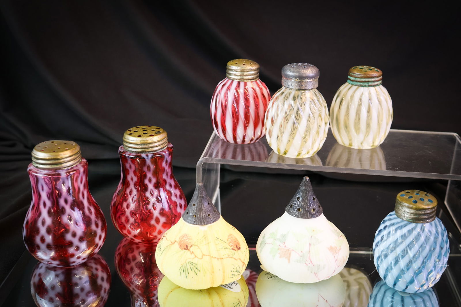 8 pc Lot Victorian Opalescent & Mt. Washington Glass Salt Shakers: This lot is made up of eight desirable finds in Victorian-era salt shaker. There's a pair of Mt. Washington glass fig shakers. A pair of Vaseline opalescent Reverse Swirl pattern shakers, along with a