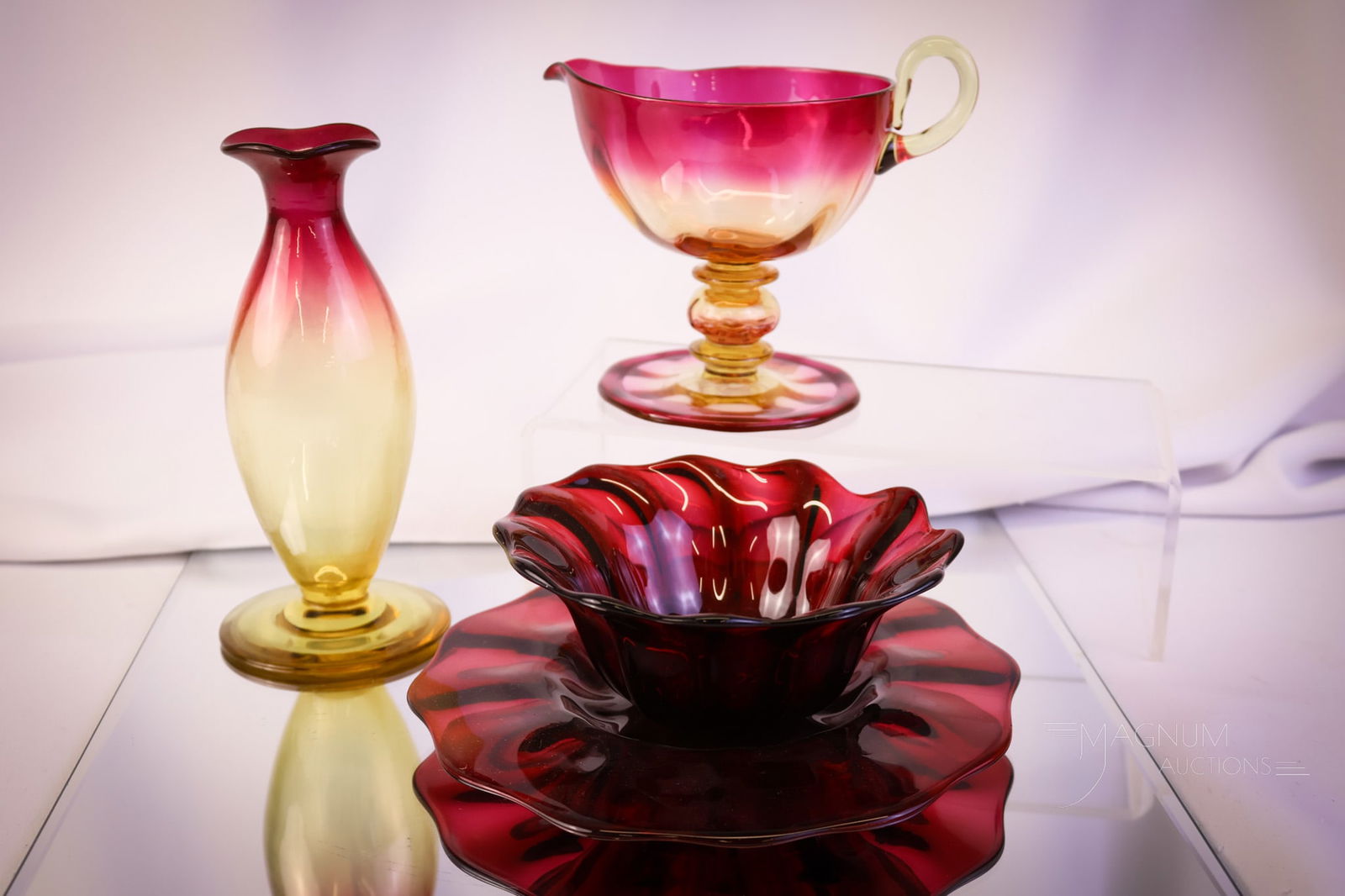 4 pc Lot Libbey Amberina & More Victorian Art Glass: Four unique finds in Victorian amberina glass. Two are signed libbey pieces, including a perfume lacking a stopper and a creamer. The lot also includes a ruby bowl and an underplate. The tallest measu