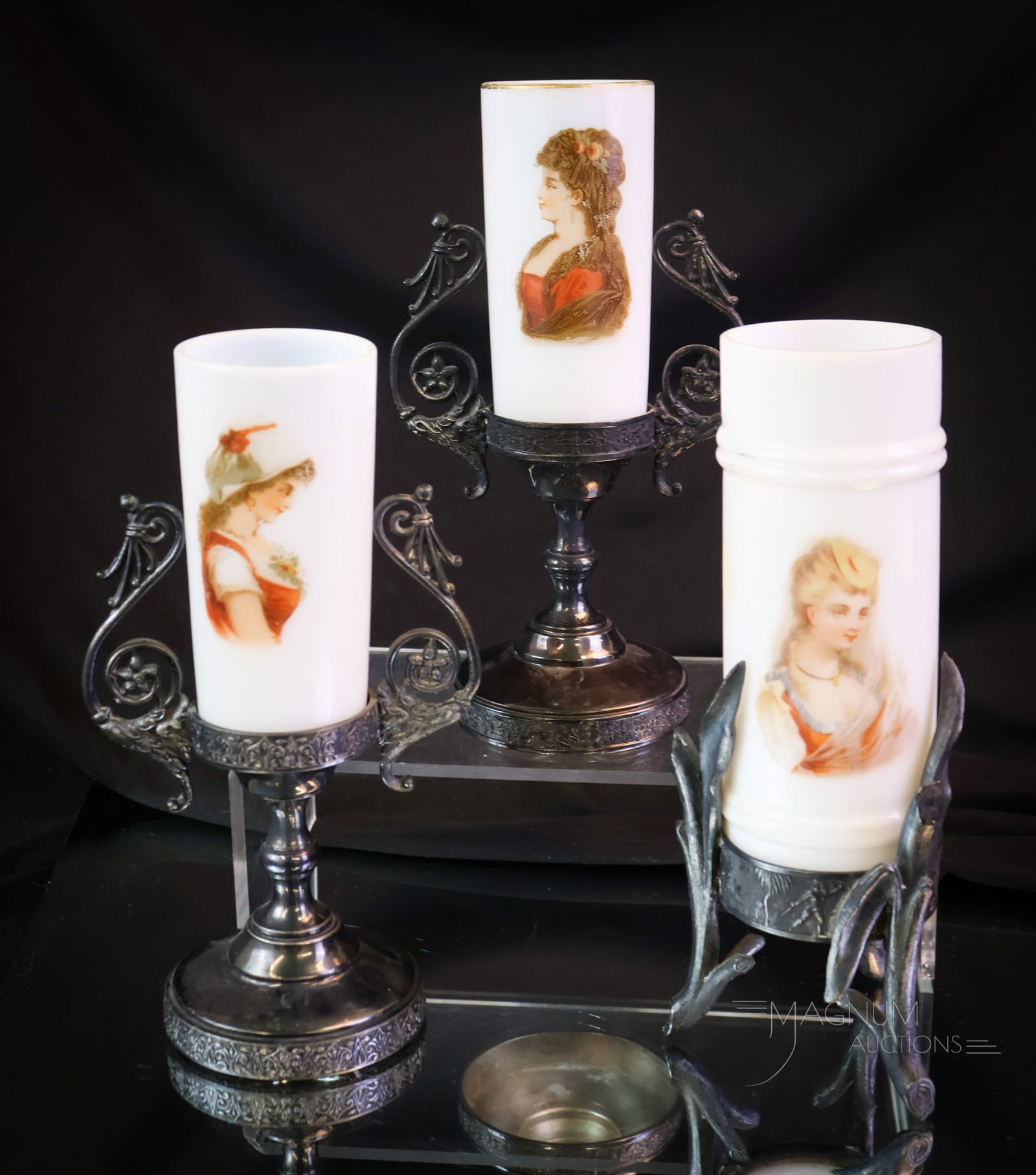 3 pc Lot Smith Bros. Decorated Victorian Glass Cylinder Vases In Silverplate: Three unique finds in Victorian Smith Bros. decorated cylinder vases in silverplate holders. One is in a signed Meriden silverplate holder with a female portrait. The other two are an opposing pair in