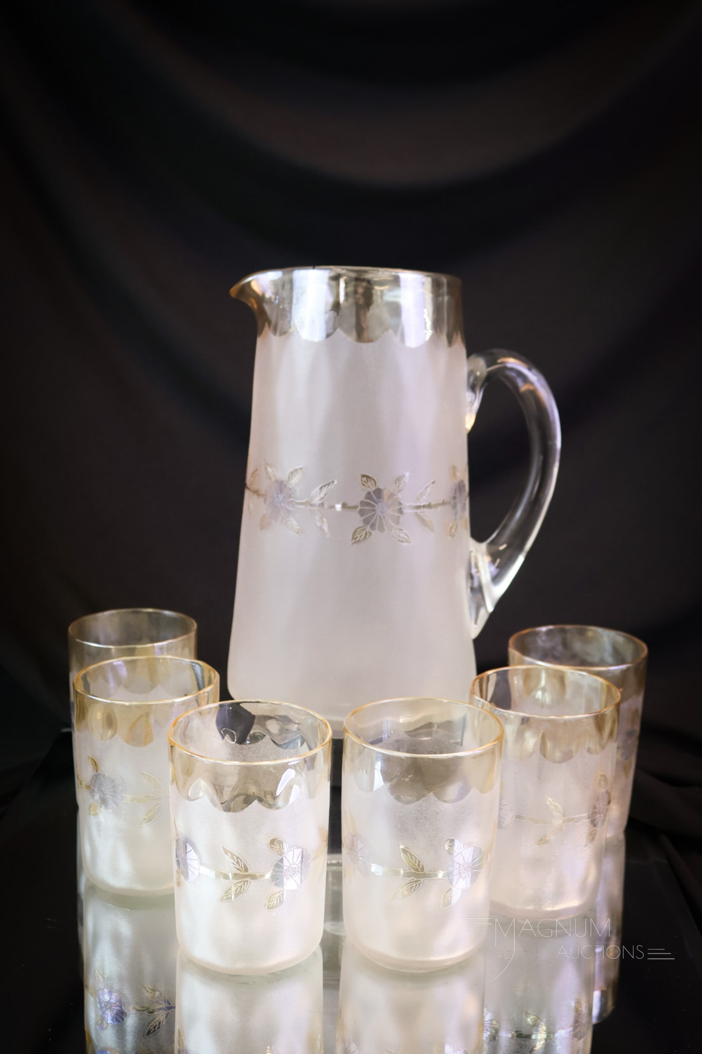 6 pc New England Victorian Glass Pomona Cornflower Water Set: For your bidding pleasure, here is a New England glass Pomona Cornflower decorated water set. This set consists of five tumblers and a water pitcher. The tallest of the offering measures 8 1/4".