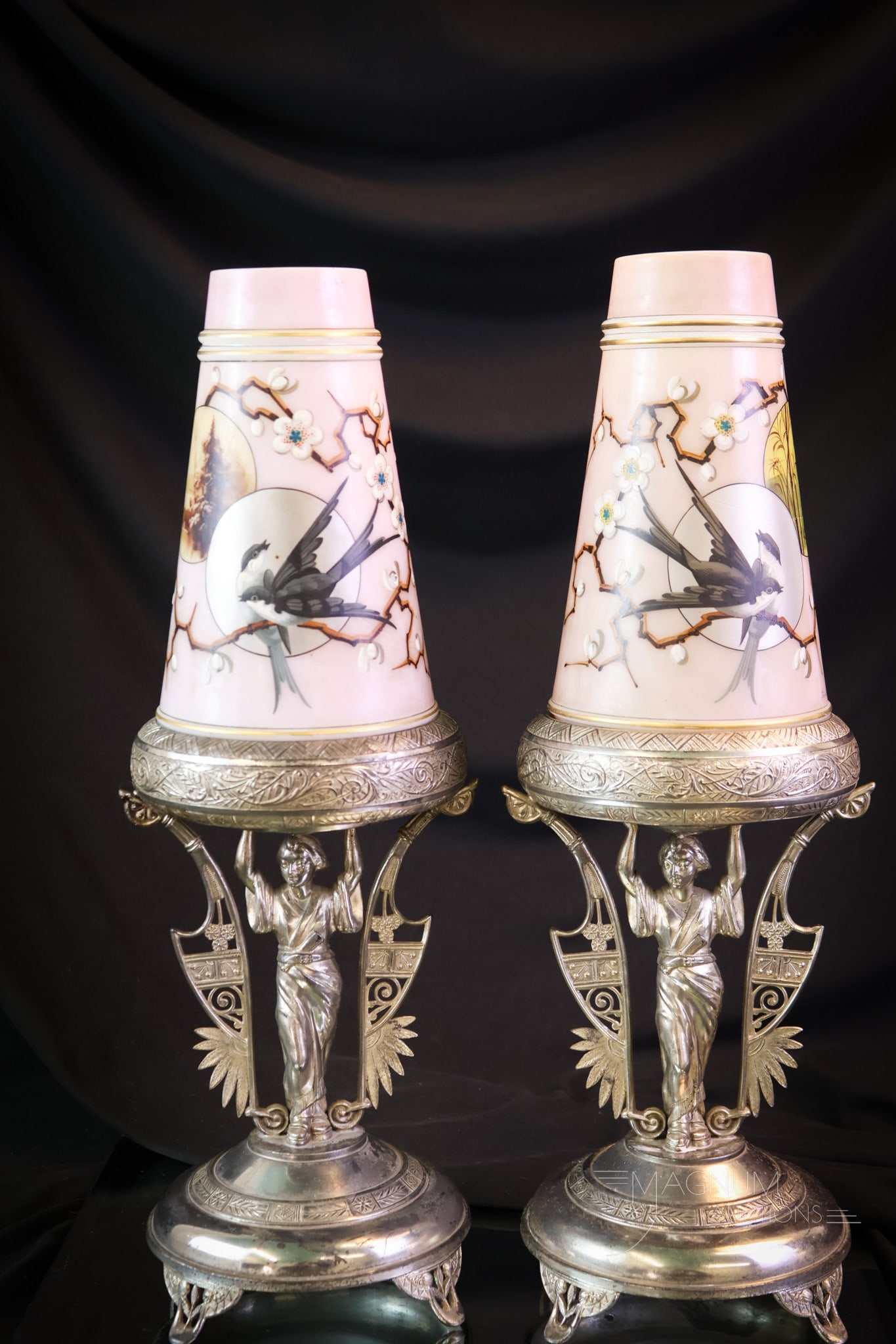 Pair Pairpoint Figural Geisha Silverplate Smith Bros. Glass 15" Mantle Vases: Here's a fine pair of rare Pairpoint figural silverplate holders, complete with signed Smith Bros. vases. Actually, only one is signed. This pair of mantle vases measures 15 1/4" tall and 5 1/2" wide.