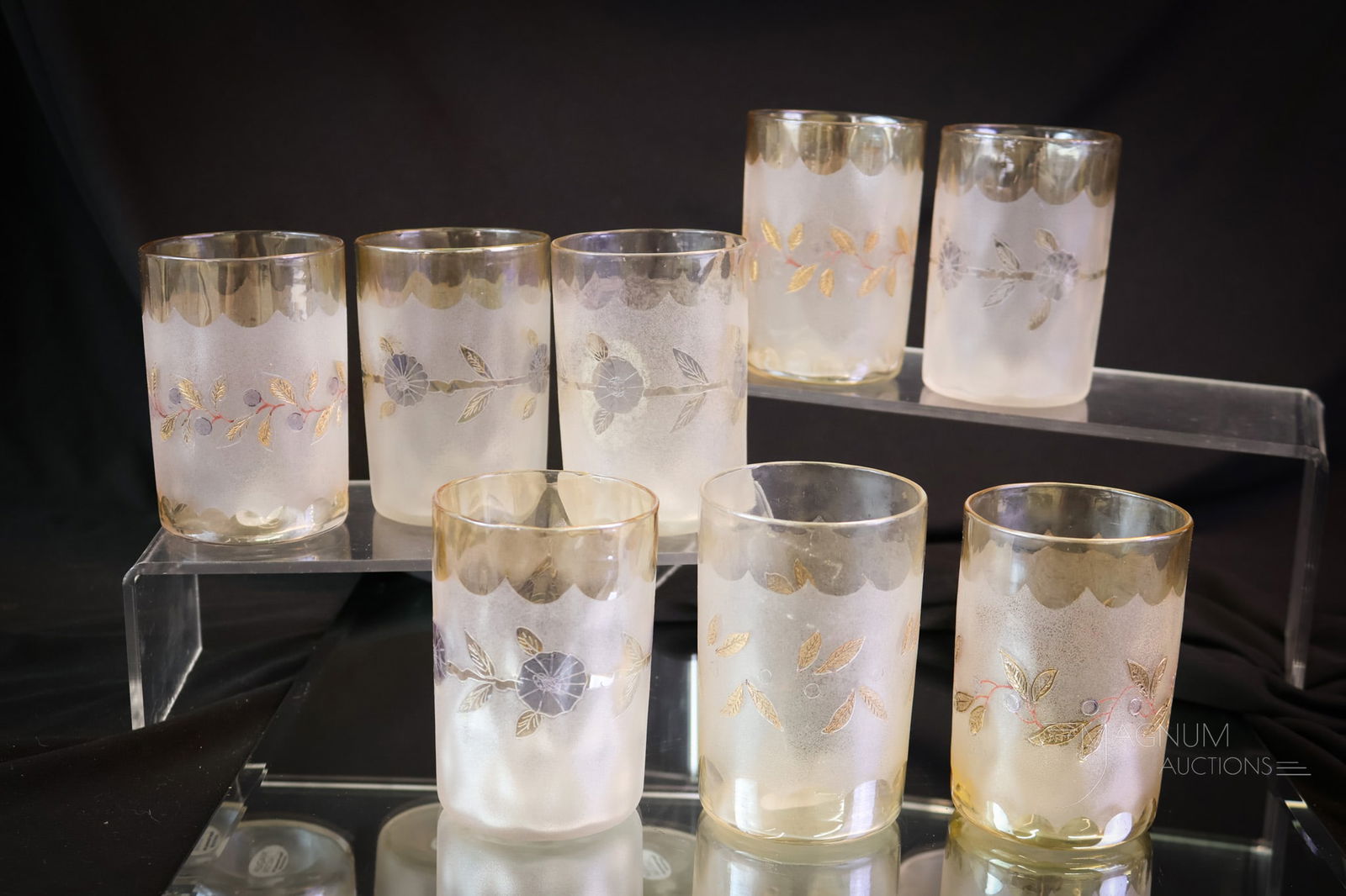 8 pc Lot New England Victorian Glass Pomona Tumblers: Two sets of four Victorian glass New England Pomona tumblers. One set in the Cornflower pattern. One set in the Berry & Leaf decoration. The tallest measures 3 3/4".