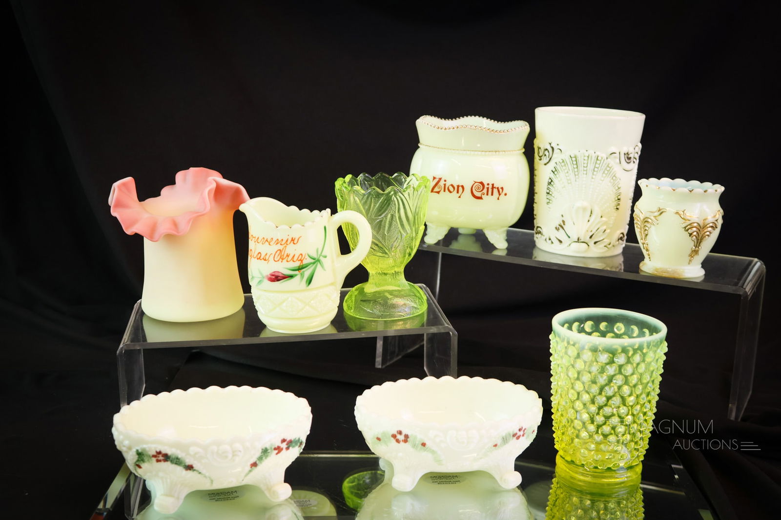 9 pc Lot Uranium Vaseline Fenton Custard Glass: Nine wonderful finds in Victorian and more uranium-rich glass. This lot includes five custard glass pieces. A vaseline glass Kingfisher toothpick. A Fenton vaseline opal tumbler. Lastly, a Fenton burm