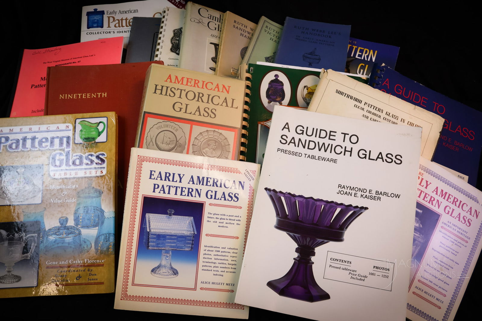 18 pc Lot Reference Books Sandwich Early American Pattern Glass: Eighteen reference books in various categories, including Early American Pattern Glass, Pattern Glass, Sandwich & More.