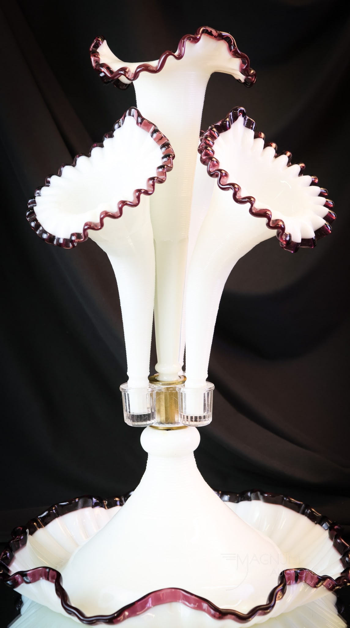 Fenton L. G. Wright Plum Crest Art Glass Epergne: Here's a beautiful Fenton for L.G. Wright plum crest art glass four-horn epergne. This great example measures 17" tall and 11" wide. SHIPPING NOTICE: If you choose not to utilize the LiveAuctioneers L