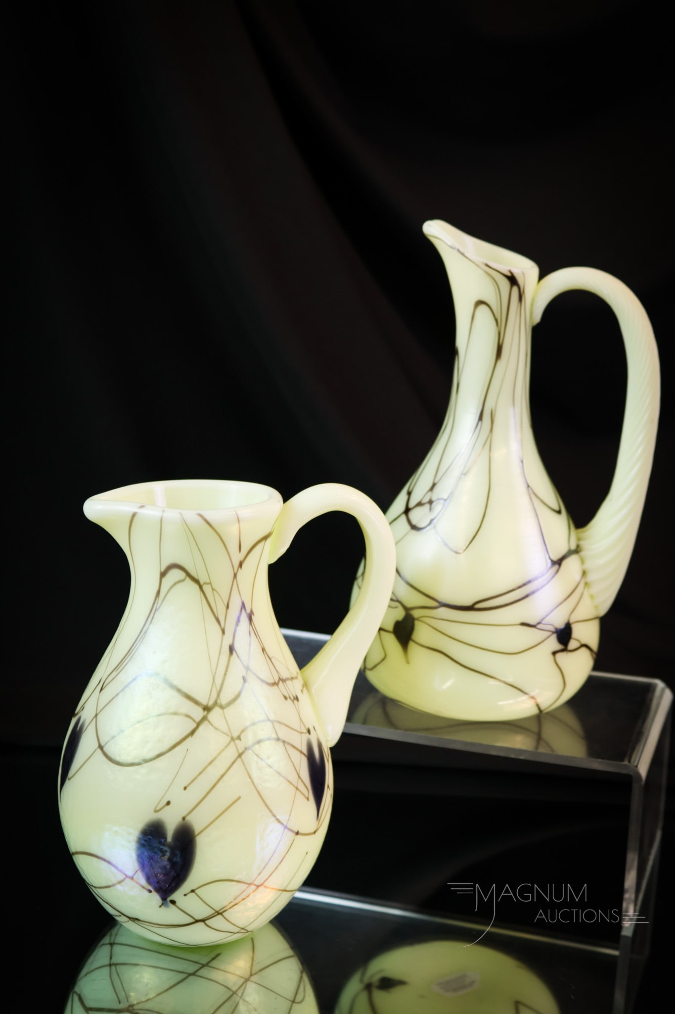 2 pc Lot Fenton Custard Uranium Art Glass Ewers (1 of 9)