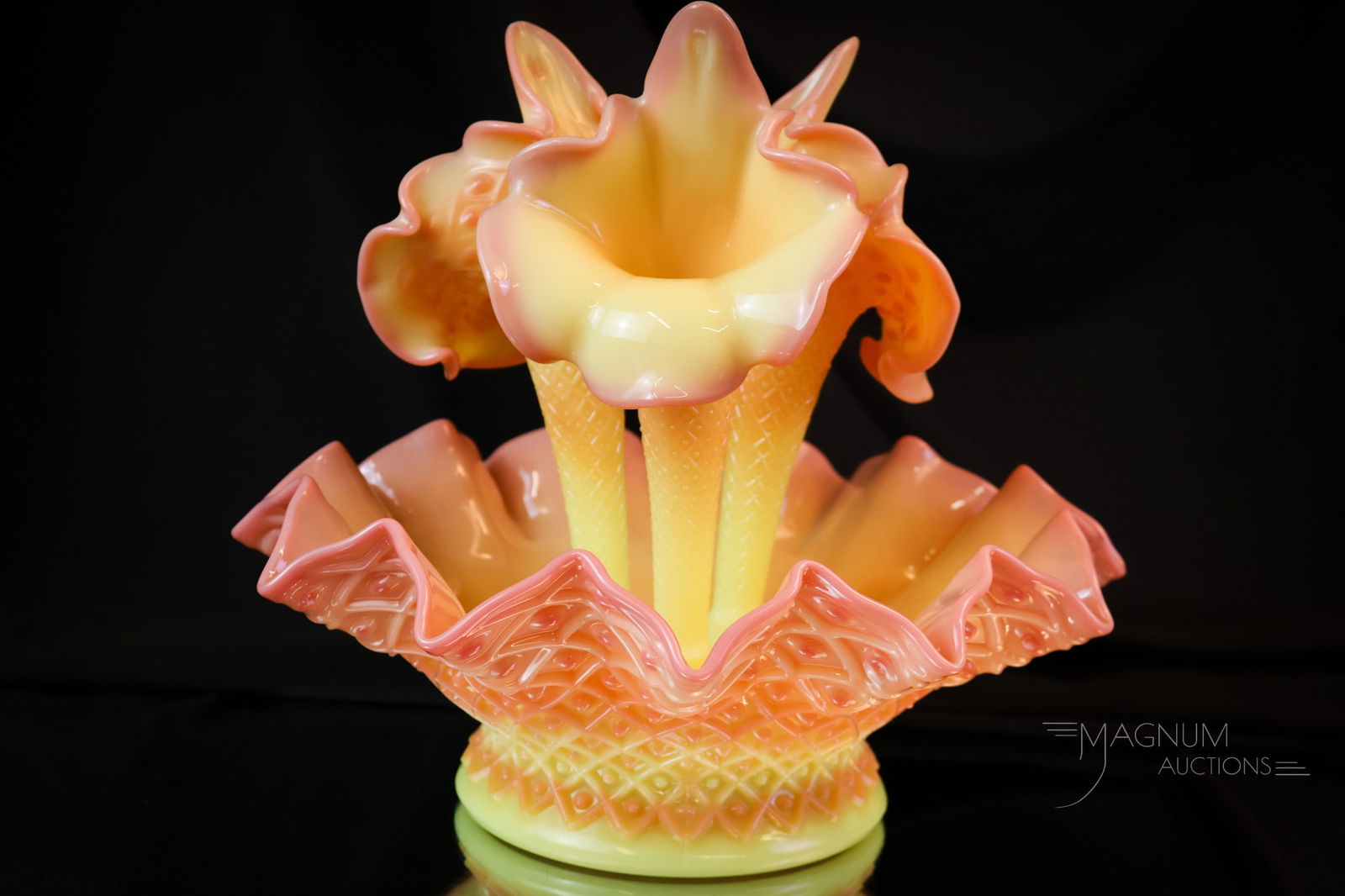 Rare Fenton Burmese Uranium Art Glass Diamond Lace Epergne: A rare find in glossy burmese uranium-rich Fenton art glass. This is a Diamond Lace pattern epergne. Seldom seen in glossy glass. This super example measures 10" tall and 11" wide. SHIPPING NOTICE: If