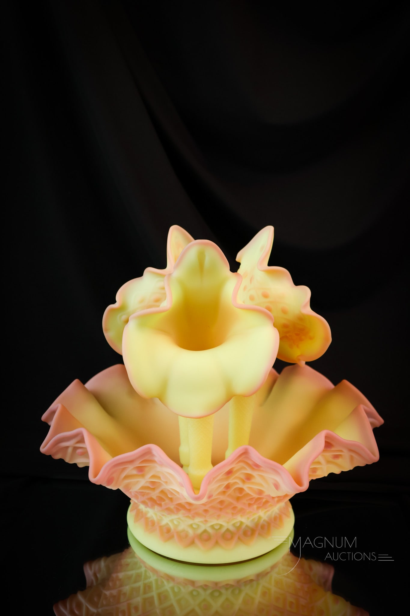 Fenton Burmese Uranium Art Glass Diamond Lace Epergne: A welcome addition to any collection! This is a Diamond Lace pattern epergne by Fenton art glass. It is made in burmese satin glass. This example has extra nice coloring. The epergne measures 10" tall