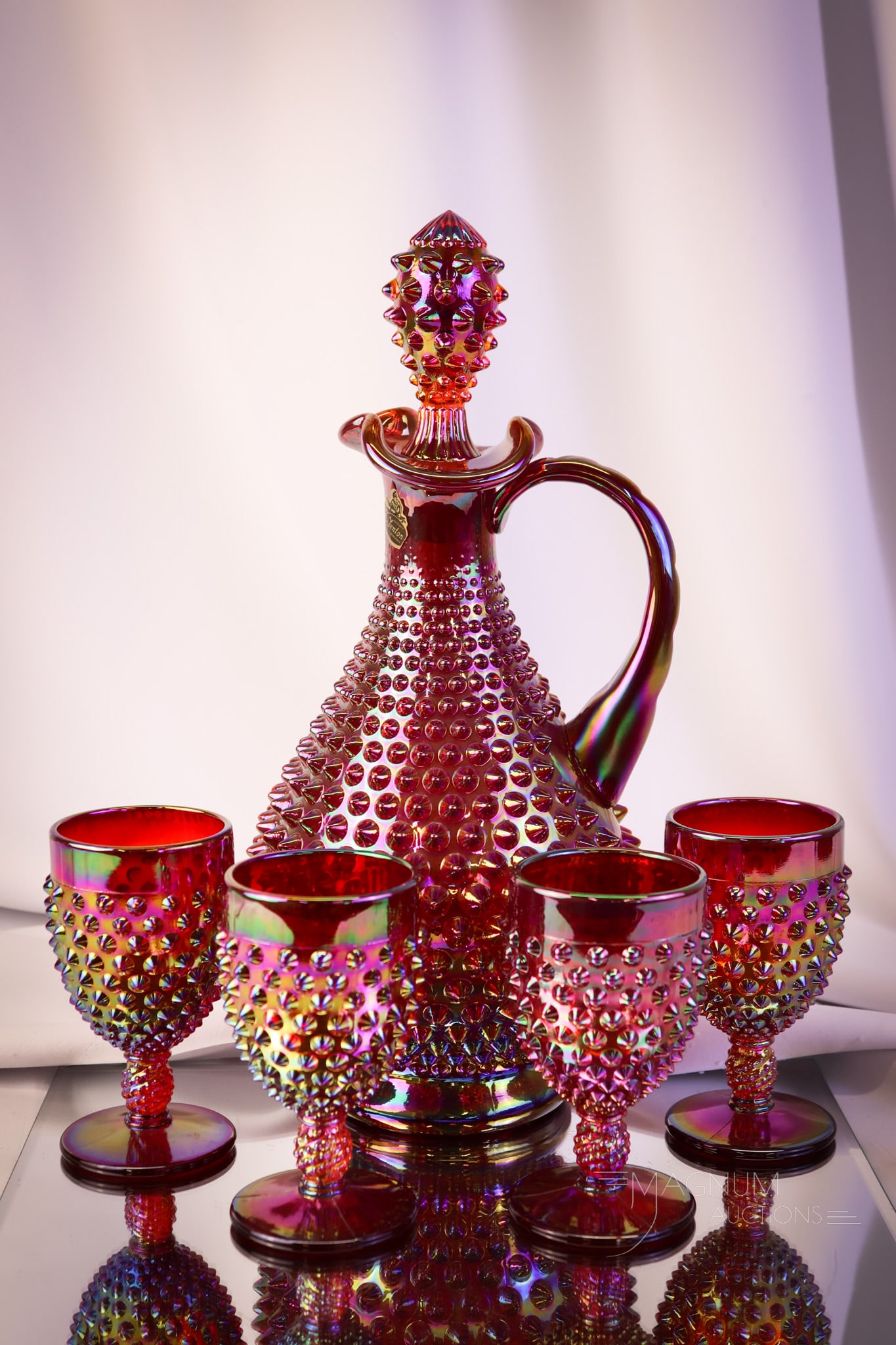 5 pc Lot Fenton Red Carnival Glass Hobnail Decanter Set (1 of 9)