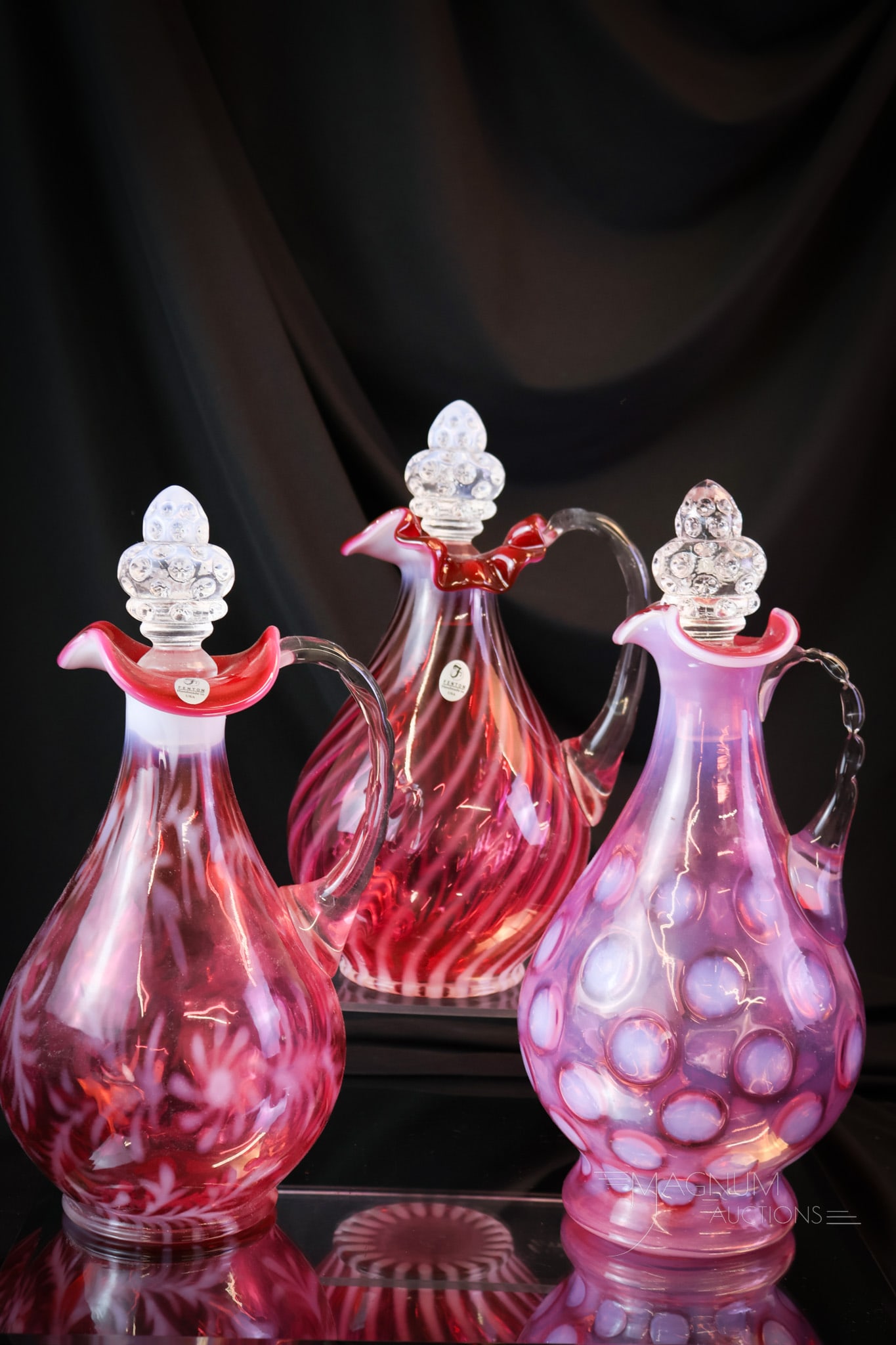 3 pc Lot Fenton Cranberry Opalescent Art Glass Decanters (1 of 13)