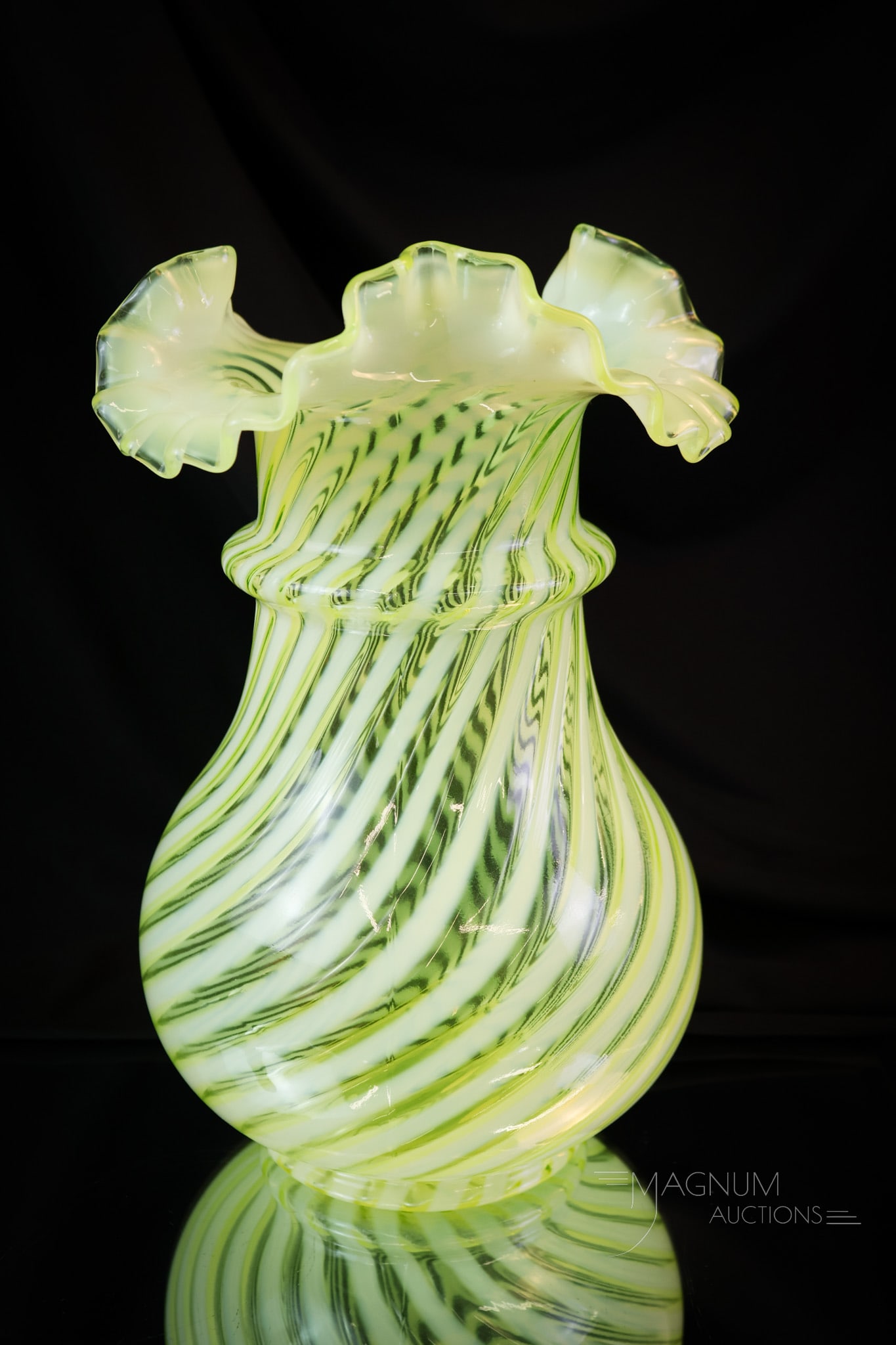 Rare Uranium Fenton Art Glass Opalescent Topaz Spiral Optic Vase (1 of 6)