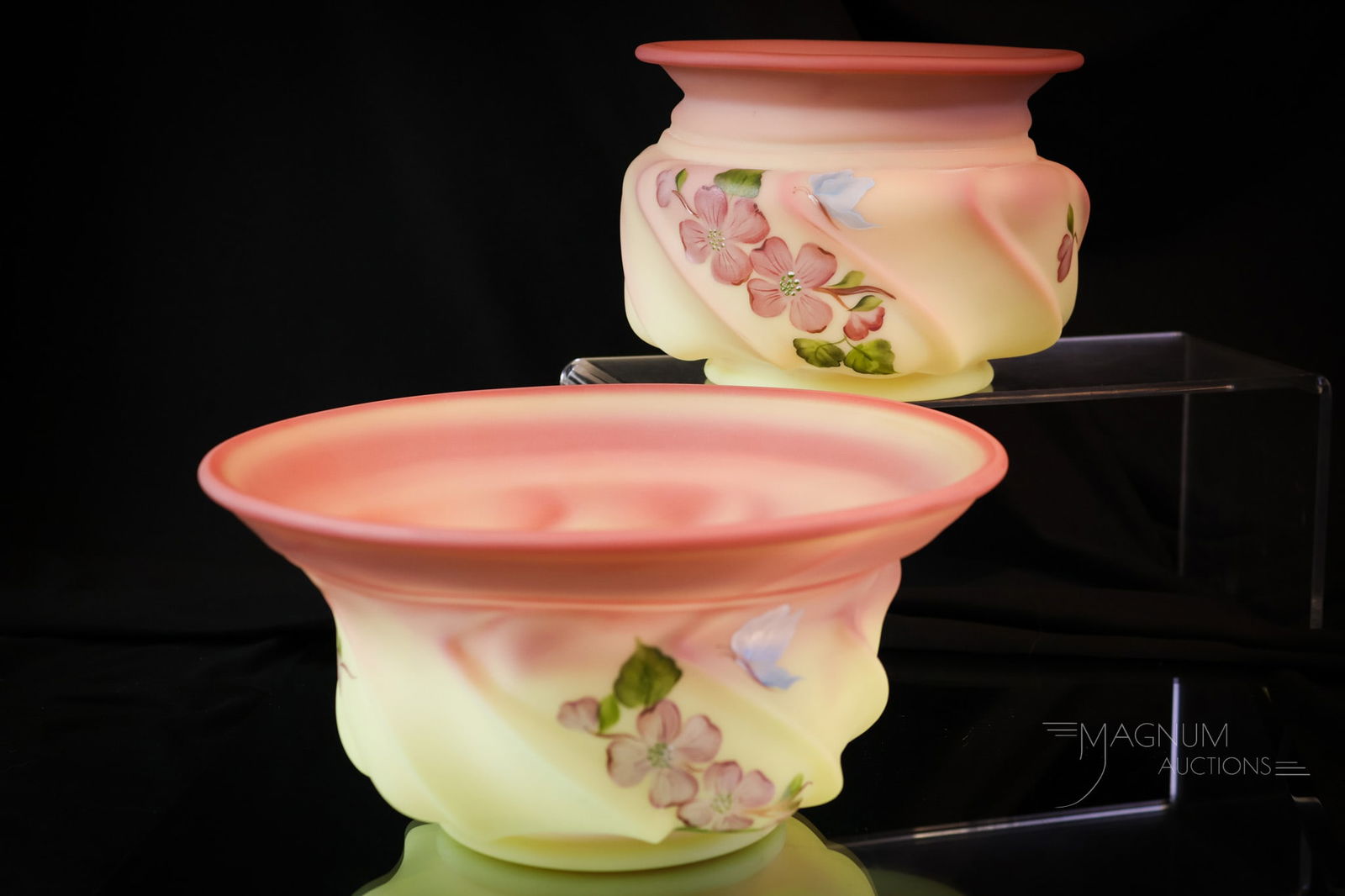 2 pc Lot Fenton Art Glass Uranium Burmese Wavecrest Whimsies: Two unusual finds in Fenton Art Glass. Both are made in Wavecrest powder box molds. This lot offers a spitoon and a bowl. Both glow brightly under black light. Each is decorated with hand-painted flor