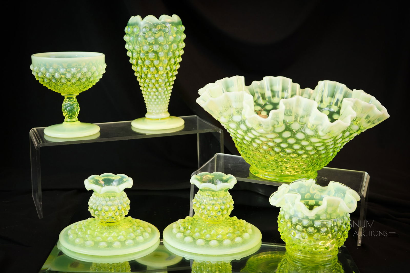 6 pc Fenton Topaz Vaseline Opalescent Hobnail Art Glass (1 of 8)