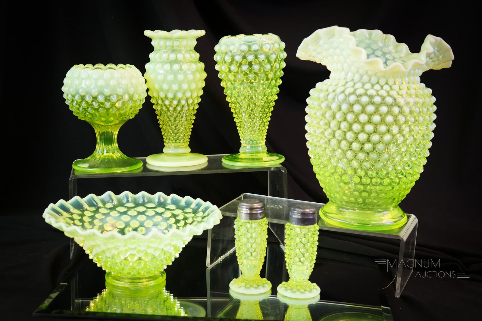 7 pc Lot Fenton Uranium Vaseline Opalescent Topaz Hobnail Glass (1 of 7)