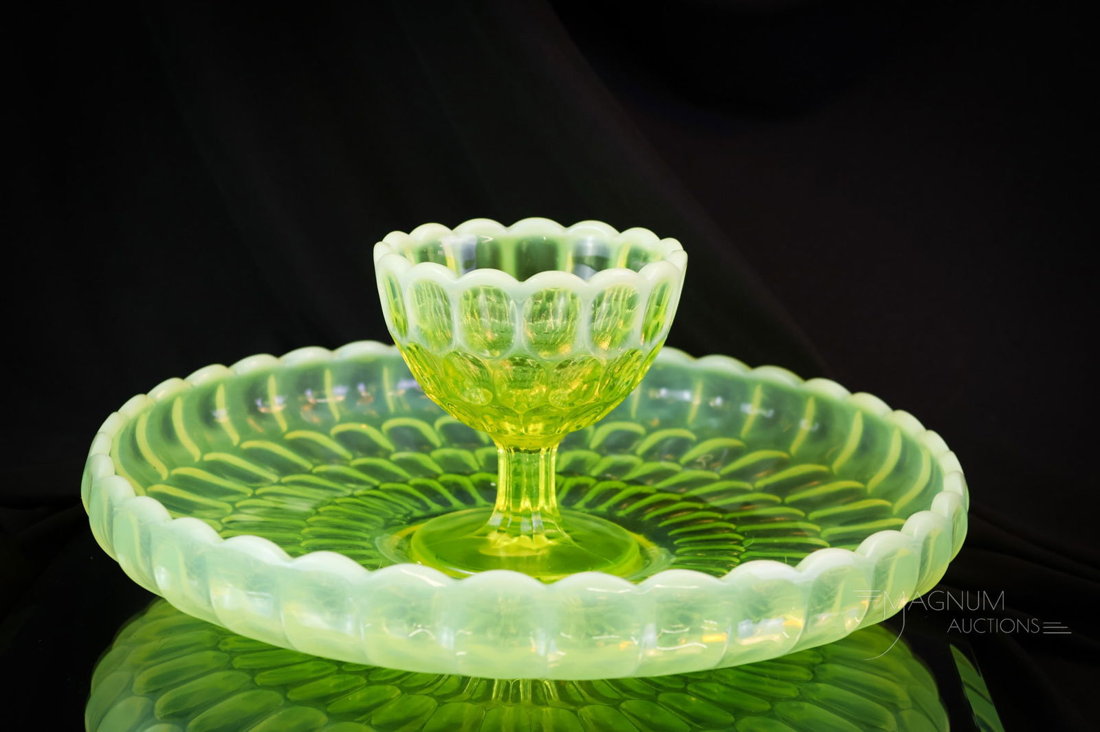 Rare Fenton Vaseline Uranium Topaz Opalescent Chip & Dip Set: A rare find for your party this weekend. This is a Fenton Art Glass uranium-rich vaseline opalescent chip and dip set in the Thumbprint pattern. This Set measures a full 5" tall and 12" wide. SHIPPING