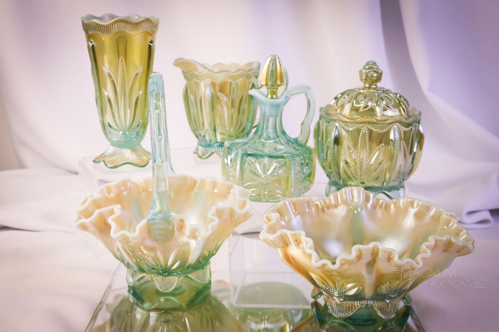 6 pc Lot Fenton Levay Aqua Opalescent Cactus Art Glass: A nice array of various pieces of Fenton for Levay in aqua opalescent glass. The lot includes a bowl, a basket, a cruet, a vase, and a creamer and sugar bowl. The tallest measures 8/4". SHIPPING NOTIC