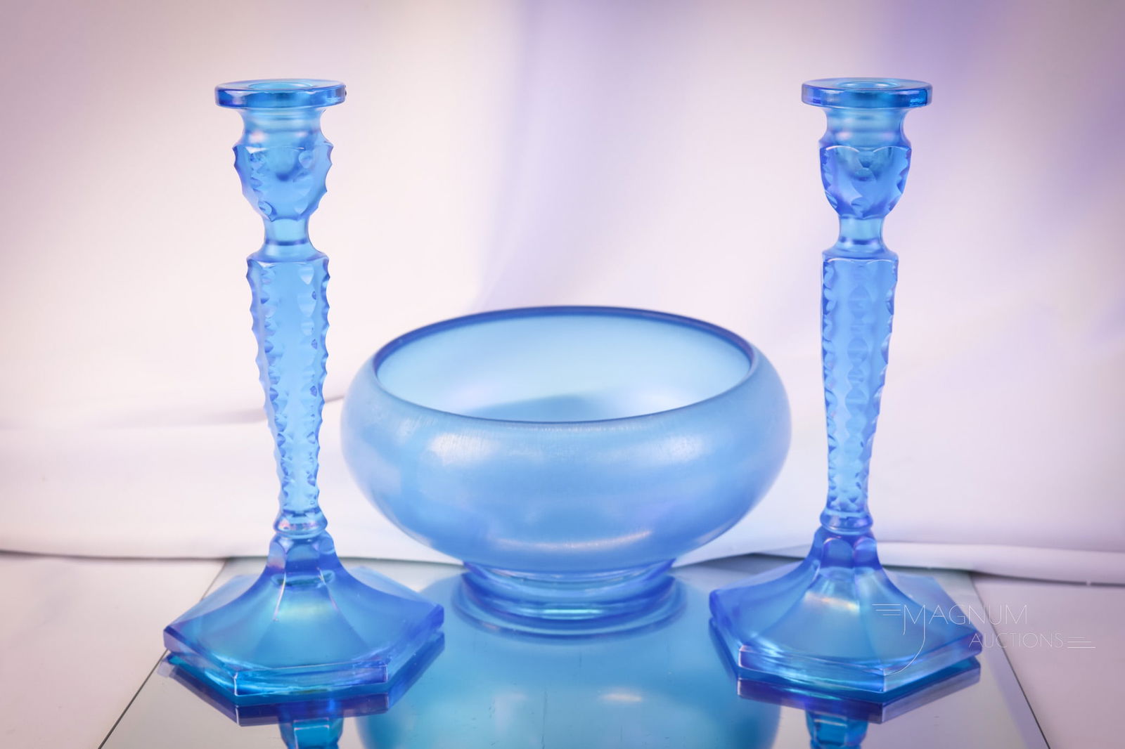 3 pc Lot Early Fenton #349 Celeste Blue Cut Ovals Stretch Candlesticks & More: Here's a nice offering, this lot includes a pair of early Fenton #349 Celeste blue stretch glass candlesticks with cut oval design. These are very desirable. They are paired with a cupped bowl. The ta