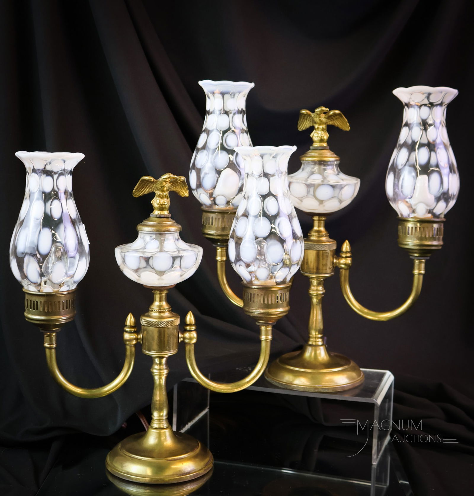 Pair Fenton French Opal Art Glass Boudoir lamps: Here's a fine pair of Fenton French opalescent Coinspot pattern boudoir lamps. Each has bird finials. Each lamp measures 11 1/2" tall. SHIPPING NOTICE: If you choose not to utilize the LiveAuctioneers