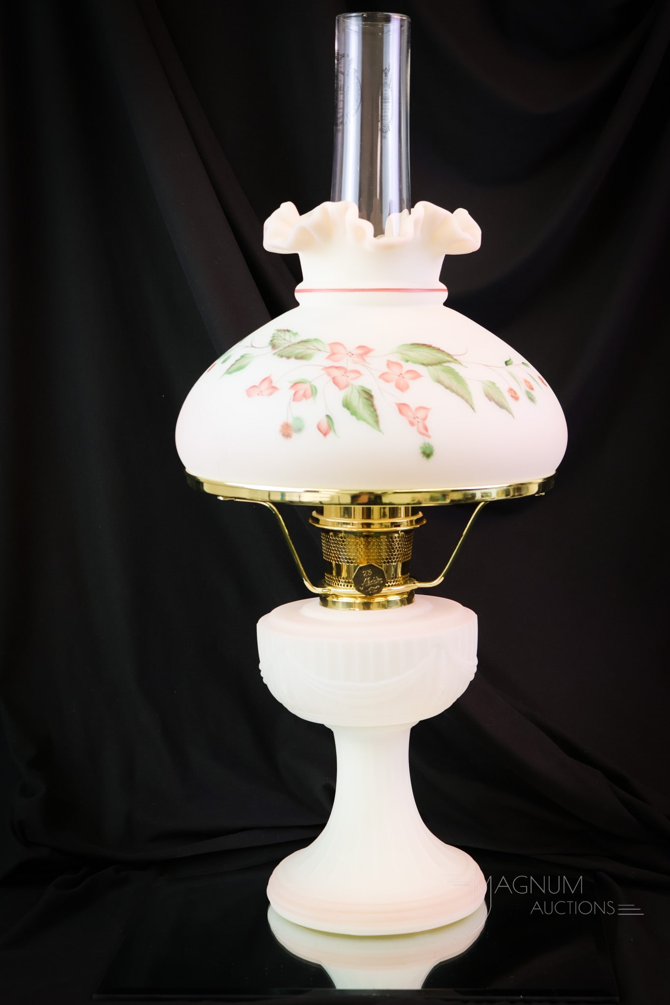 Fenton Aladdin Opal Satin Circa 2001 Oil Lamp: A wonderful find and quite scarce. This is a Fenton for Aladdin opal satin glass decorated oil lamp with blush decoration. It is circa 2001, and from a limited production of 250. The lamp features a L