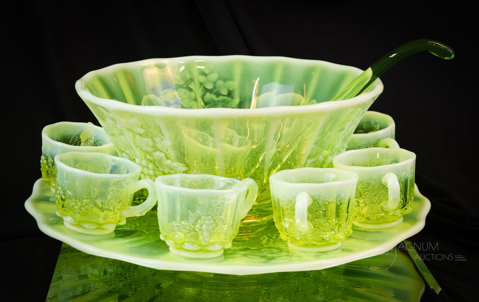 Mosser Uranium Vaseline Opalescent Paneled grape 11pc Punch Set (1 of 16)